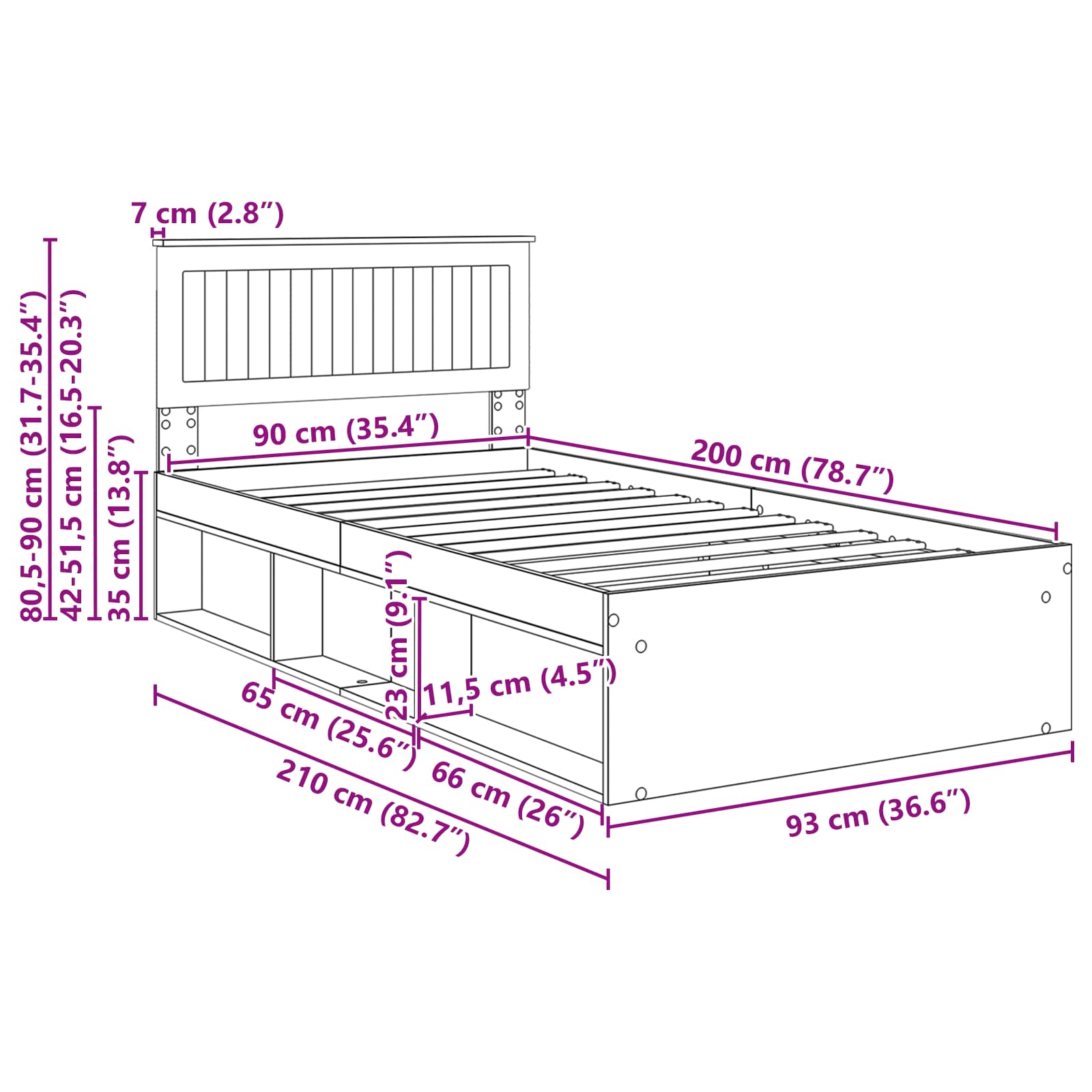 Bedframe met hoofdeinde Beton 90 x 200 cm Massief grenenhout image 13
