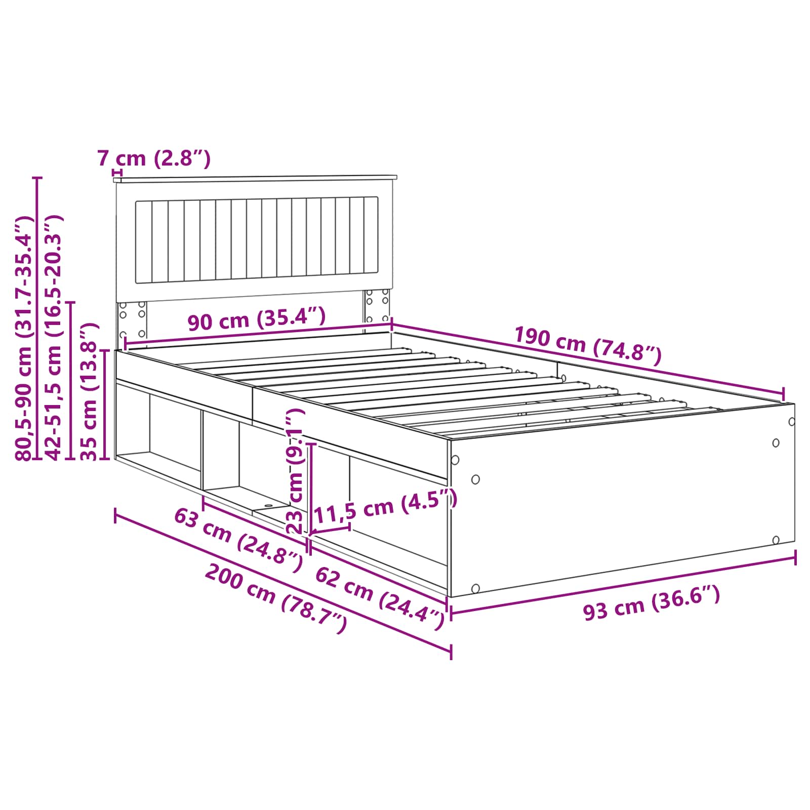 Bedframe Gerookt eiken 90 x 190 cm Massief grenenhout image 13