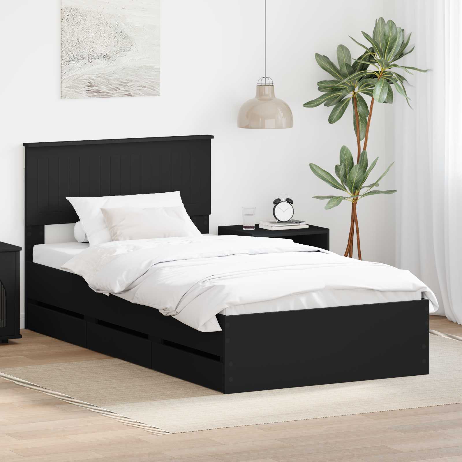 vidaXL Cadru de pat cu sertar Negru 100 x 200 cm Lemn Ingineresc