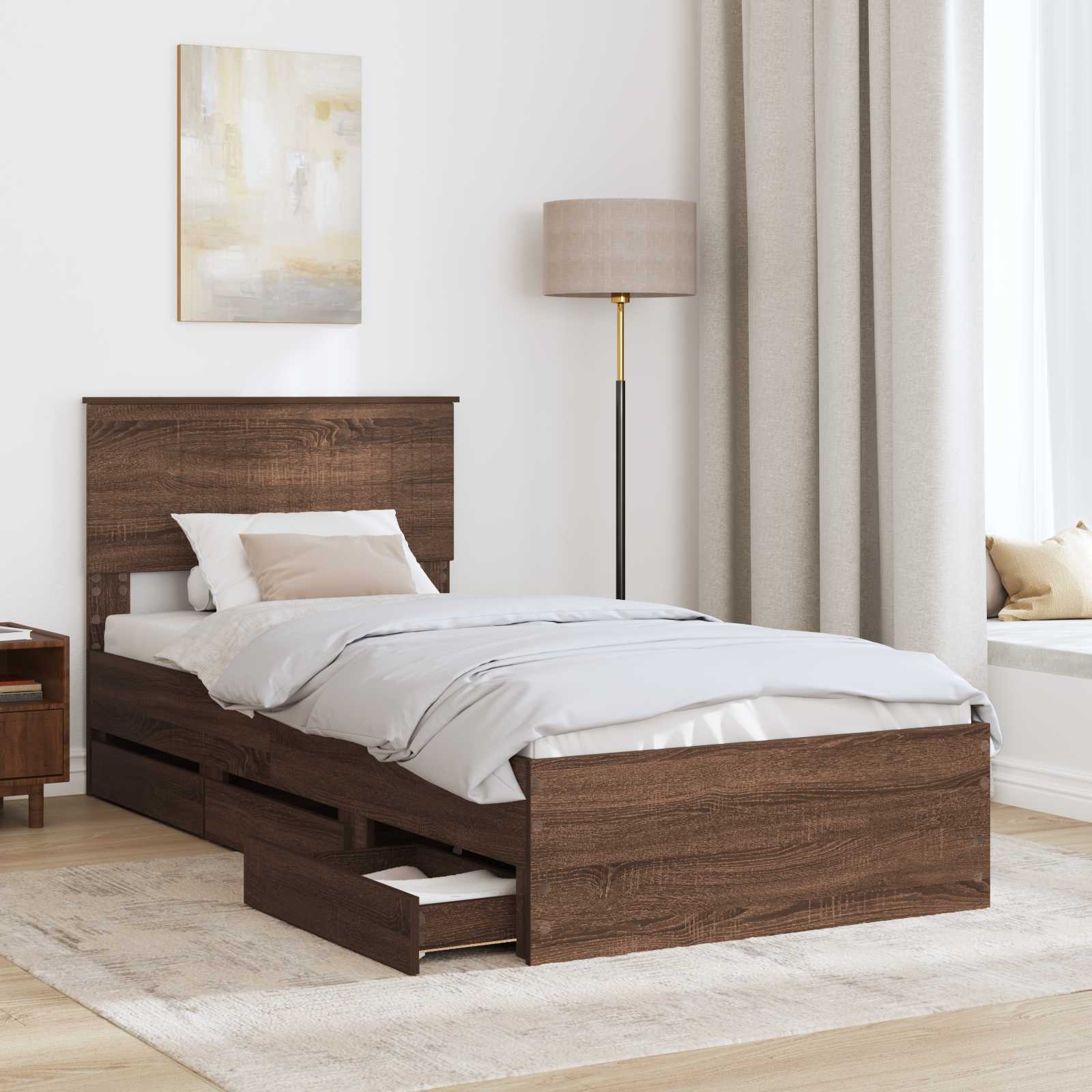 Voodi raam sahtliga peaga Pruun tamme 90 x 190 cm Inseneripuit 49 Kõik vajalik sinu aeda ja koju! Voodi raam sahtliga peaga Pruun tamme 90 x 190 cm Inseneripuit - Image 3