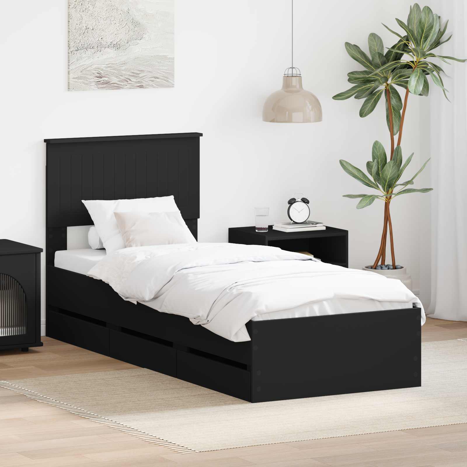 vidaXL Cadru de pat cu sertar Negru 75 x 190 cm Lemn Ingineresc