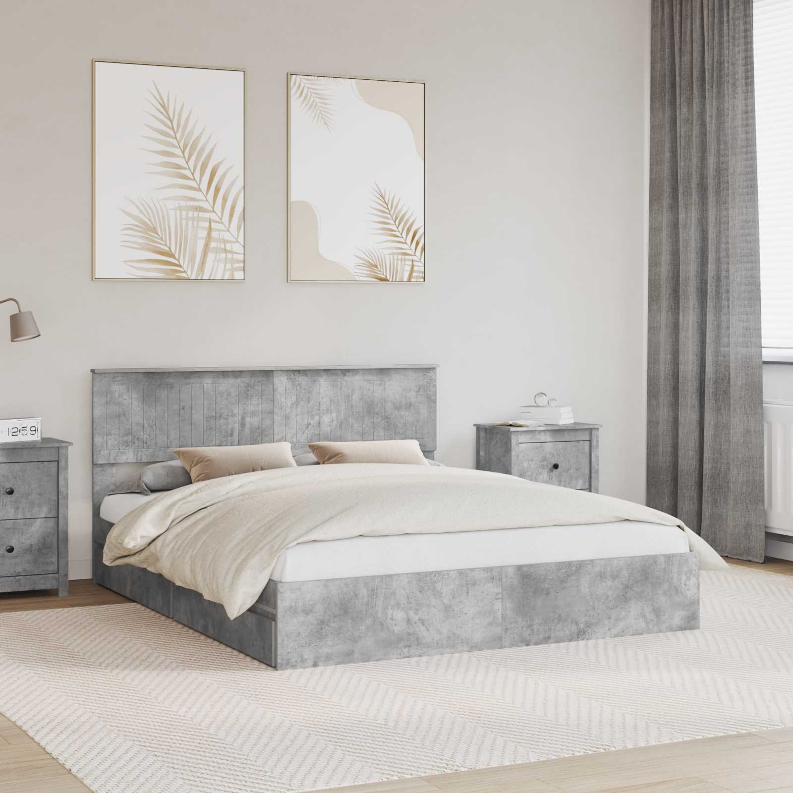 Paturi & cadre pat - Cadru de pat cu sertar Gri din beton 160 x 200 cm Lemn compozit