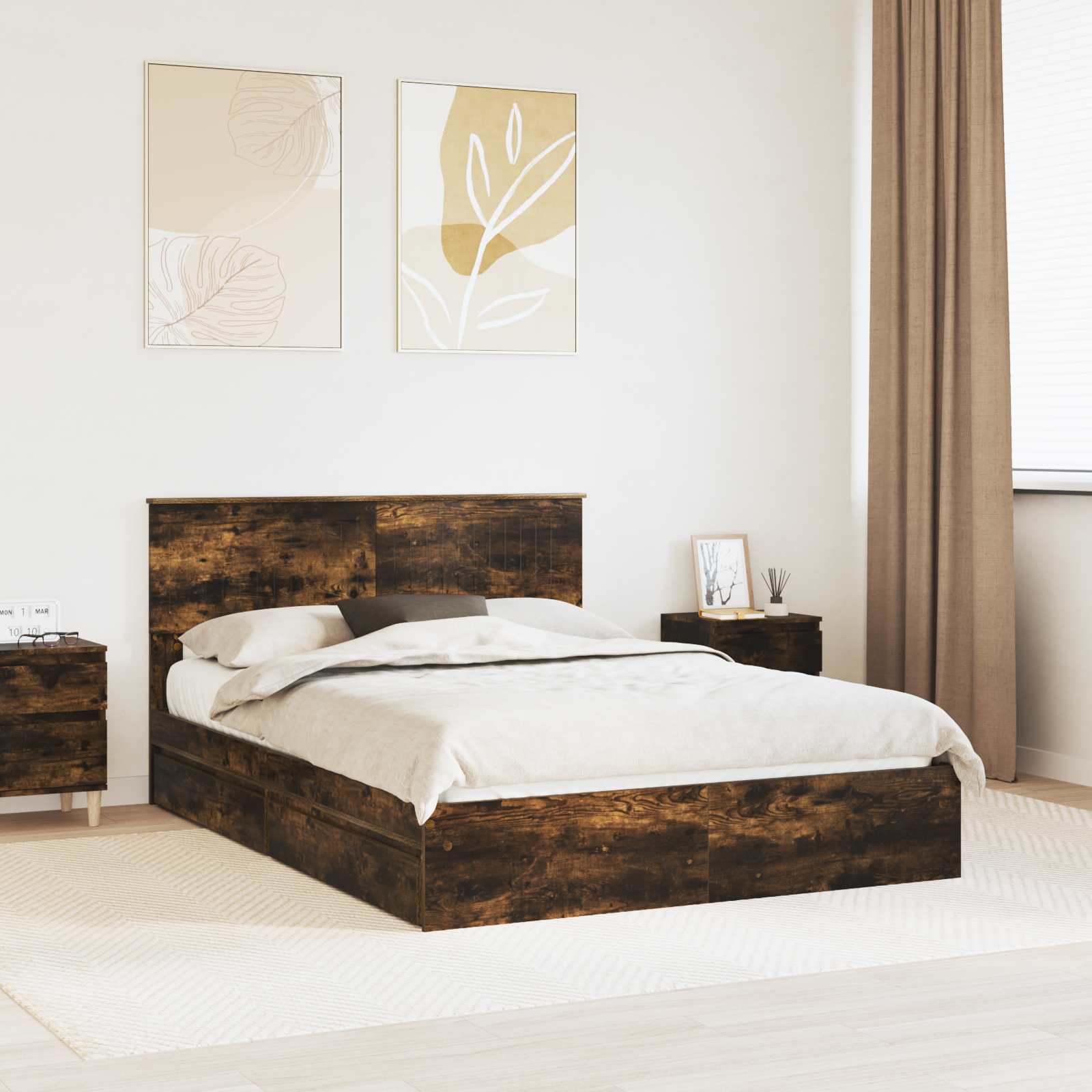 vidaXL Pat cu storage Stejar fumuriu 135 x 190 cm Lemn compozit