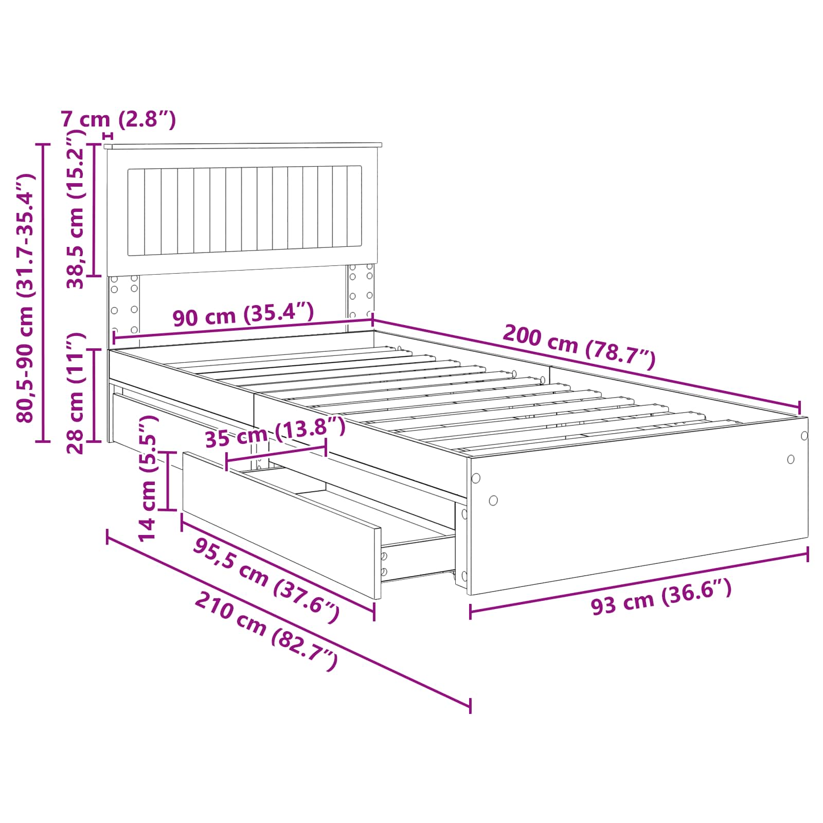 Postel s úložným prostorem s čelo Kouřový dub 90 x 200 cm - obrázek 14
