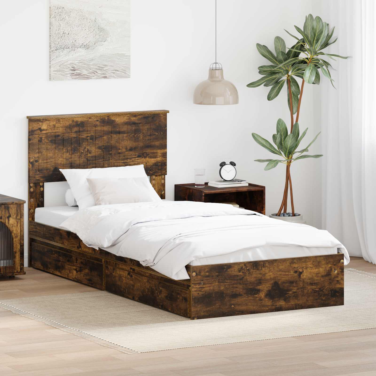 vidaXL Pat cu storage Stejar fumuriu 90 x 190 cm Lemn compozit
