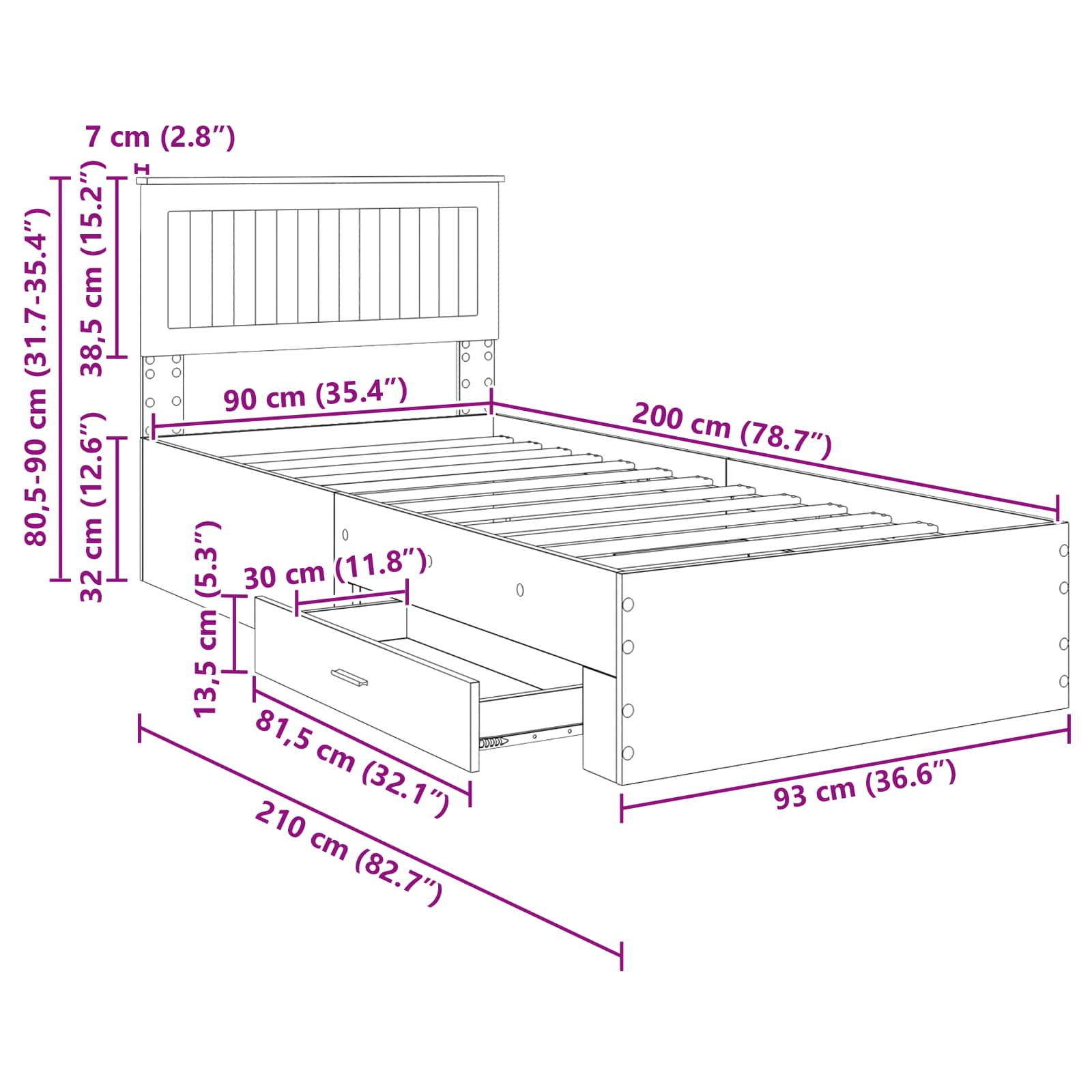 Rám postele s čelo Sonoma dub 90 x 200 cm kompozitní dřevo - obrázek 15