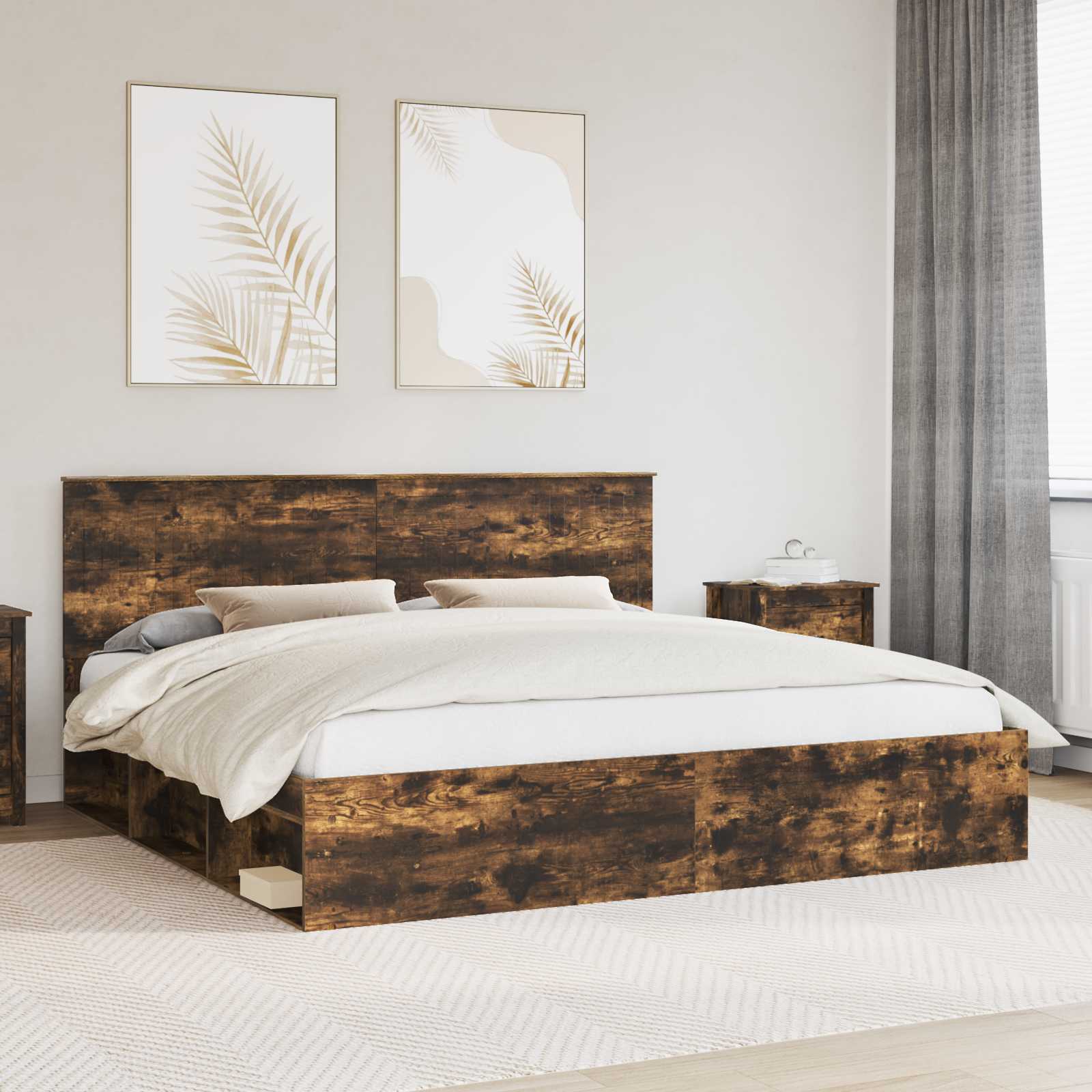 vidaXL Cadru de pat Stejar fumuriu 200 x 200 cm Lemn de pin masiv