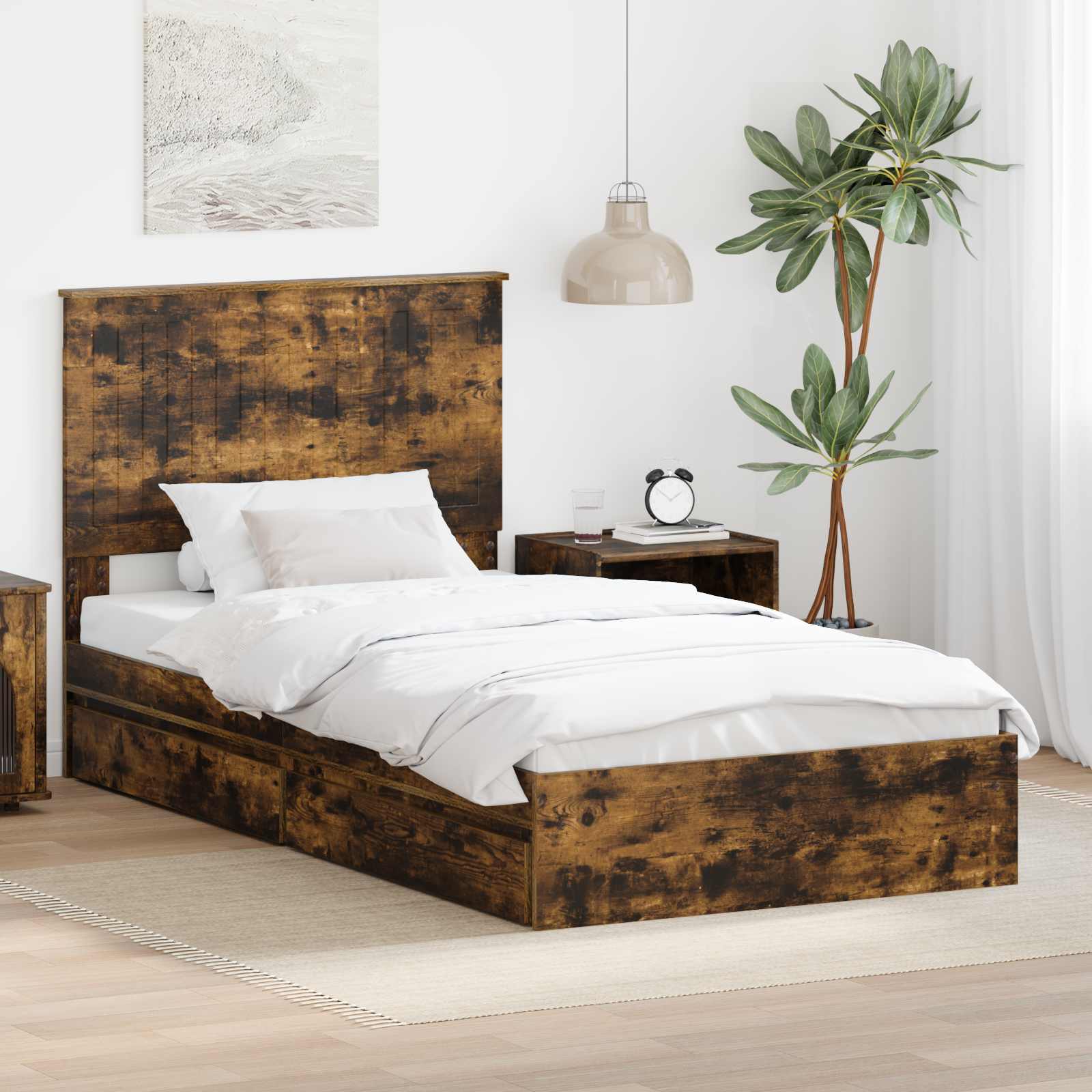 vidaXL Pat cu storage Stejar fumuriu 100 x 200 cm Lemn compozit