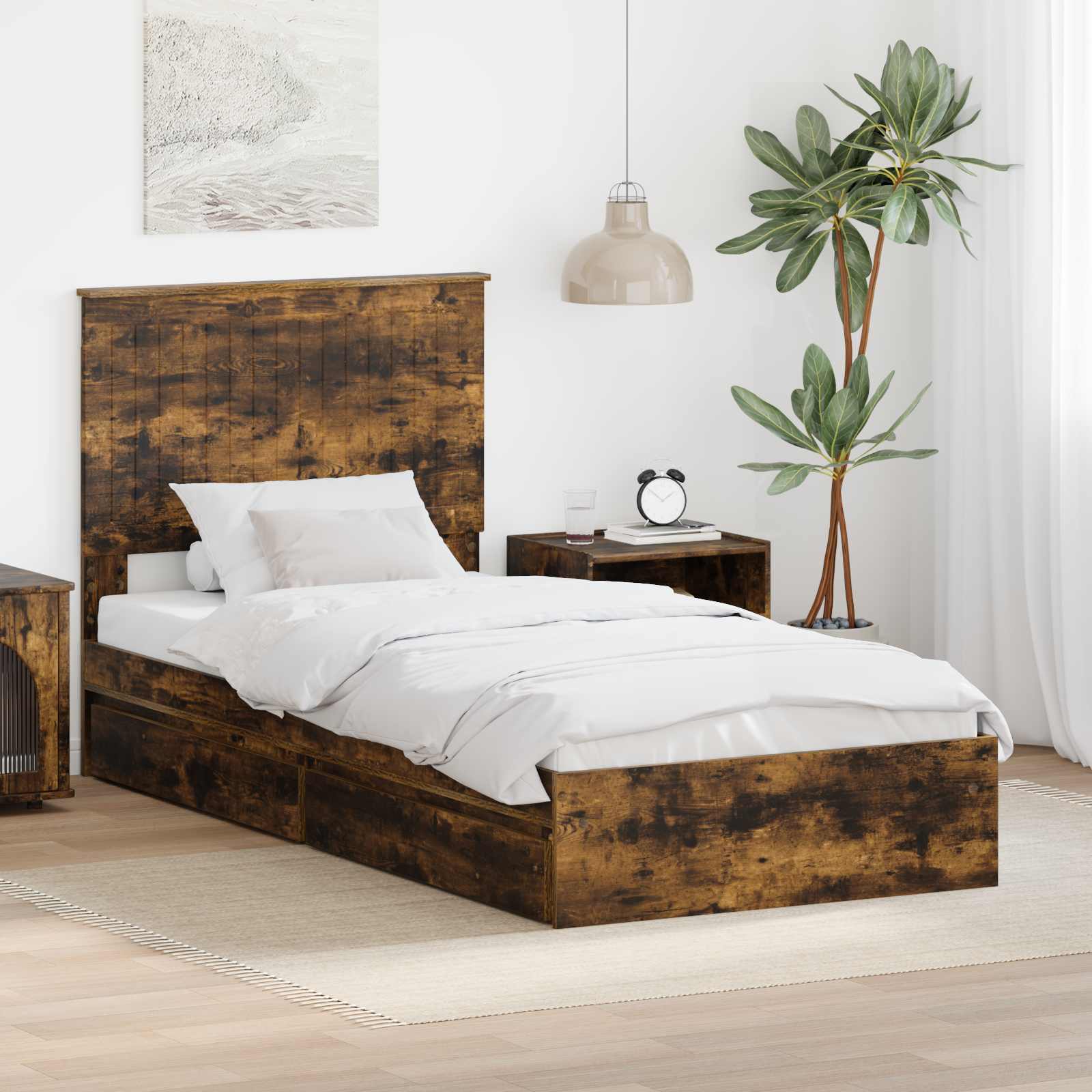 vidaXL Pat cu storage Stejar fumuriu 90 x 200 cm Lemn compozit