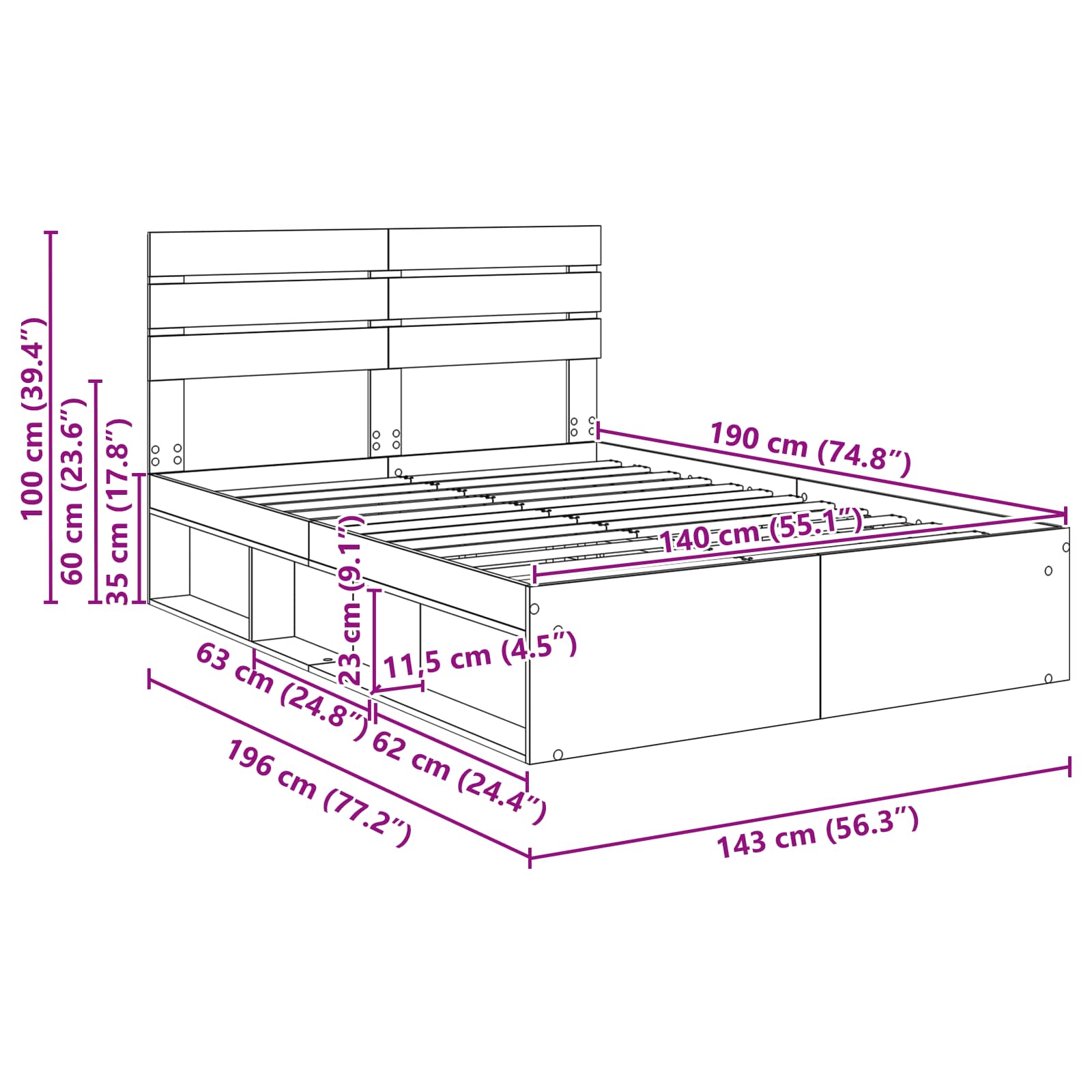Bedframe met hoofdeinde Beton 140 x 190 cm Massief grenenhout image 13