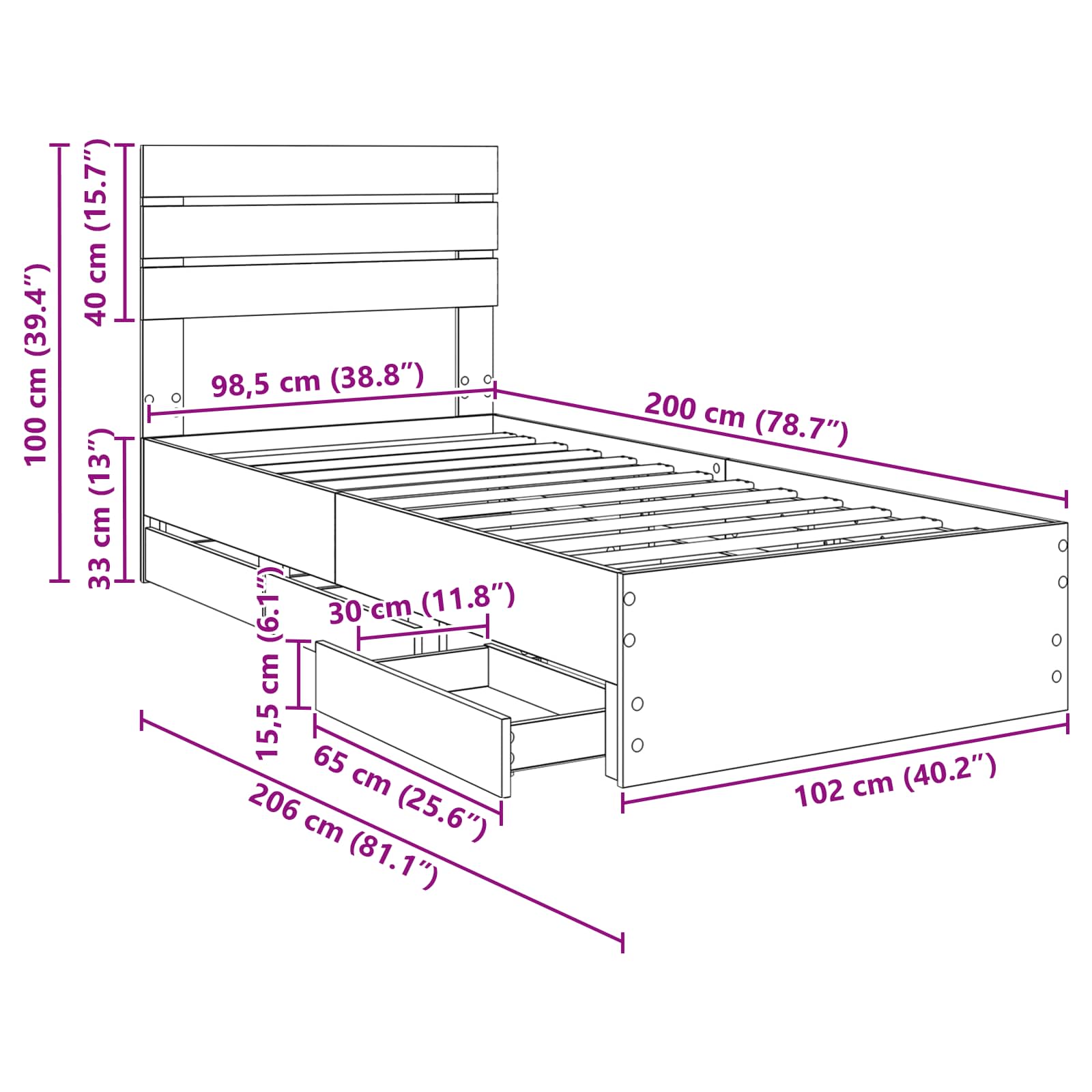 Rám postele se zásuvkou Bílá 100 x 200 cm Inženýrské dřevo - obrázek 14