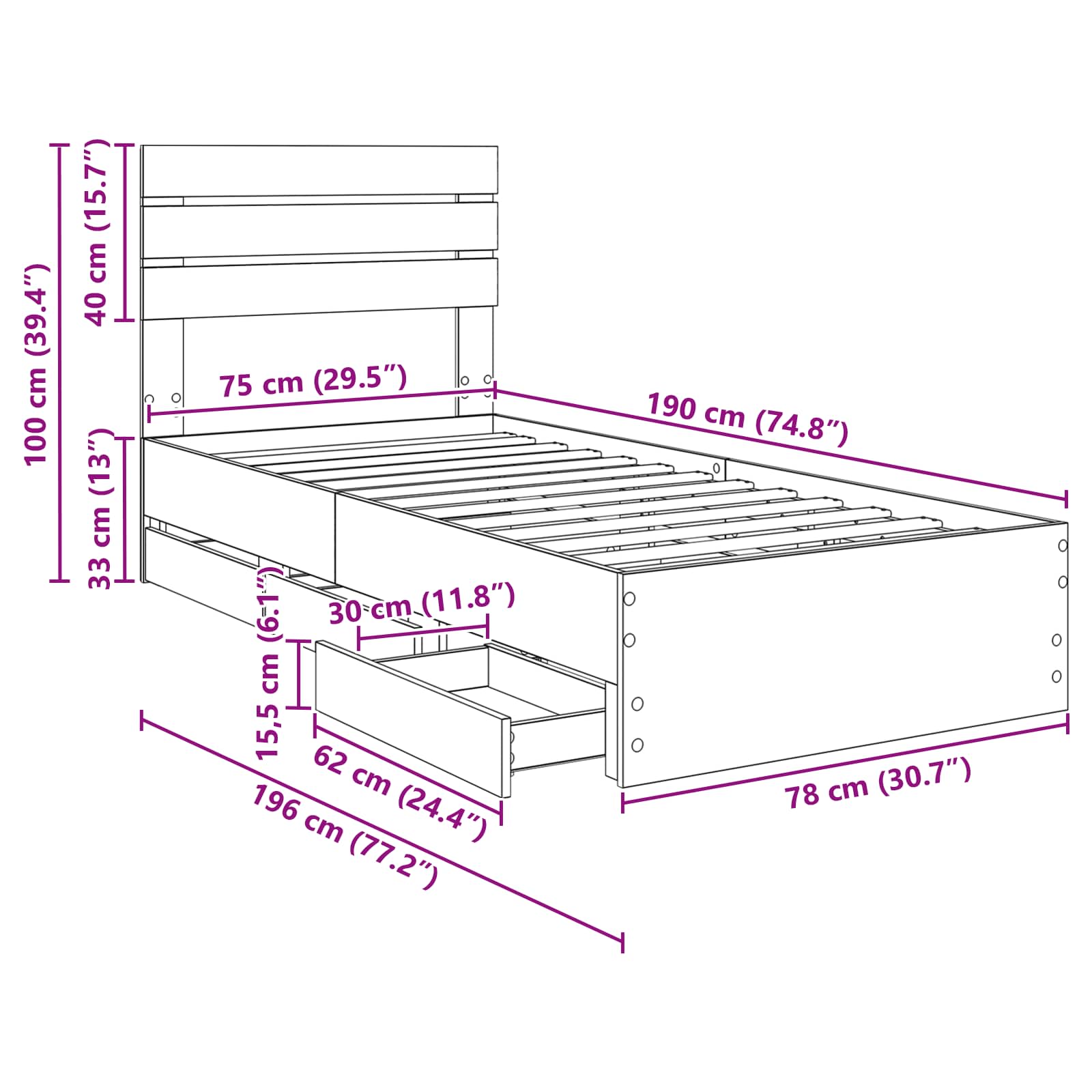 Rám postele s čelo Kouřový dub 75 x 190 cm Inženýrské dřevo - obrázek 14