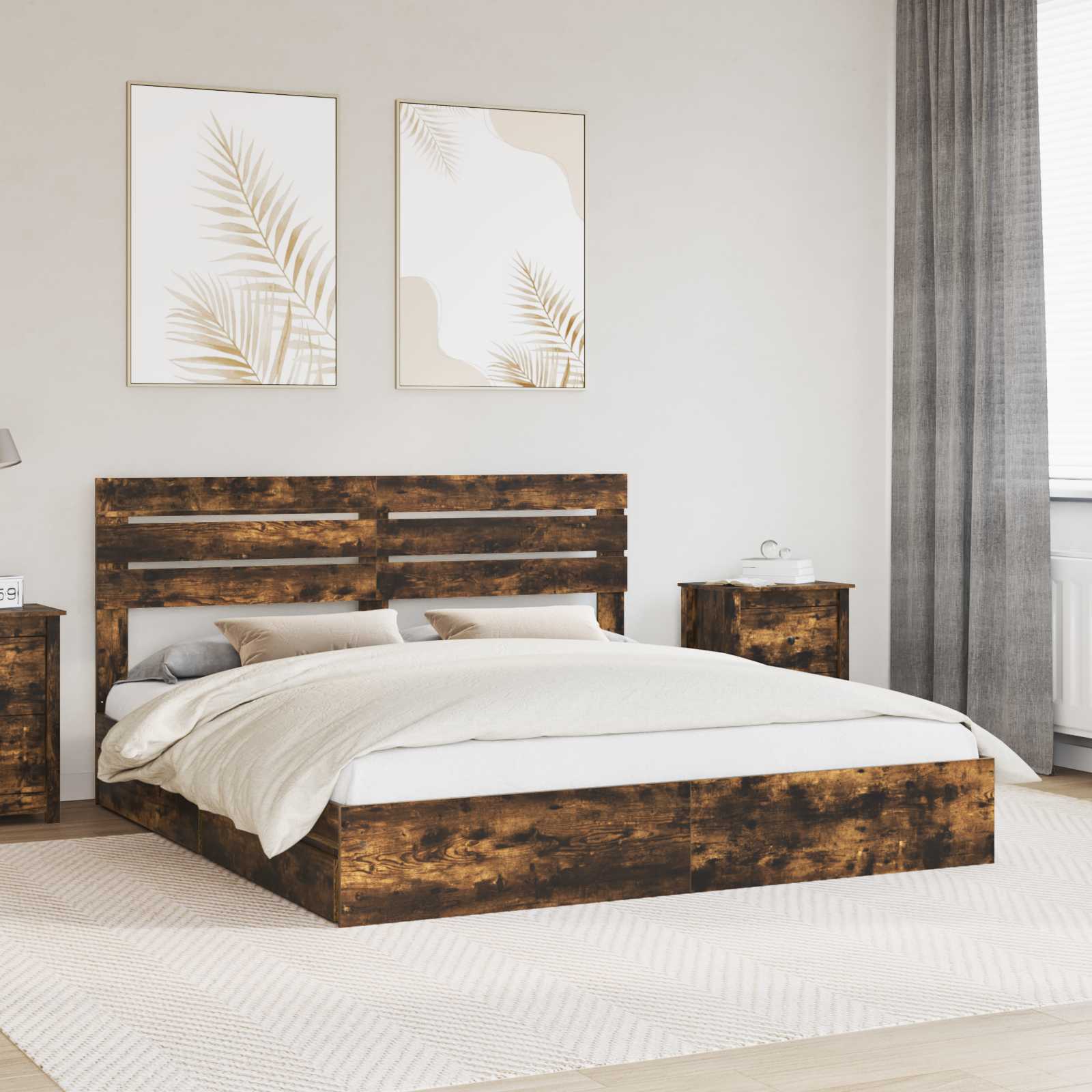 Paturi & cadre pat - Cadru de pat Manual Stejar fumuriu 200 x 200 cm Lemn compozit