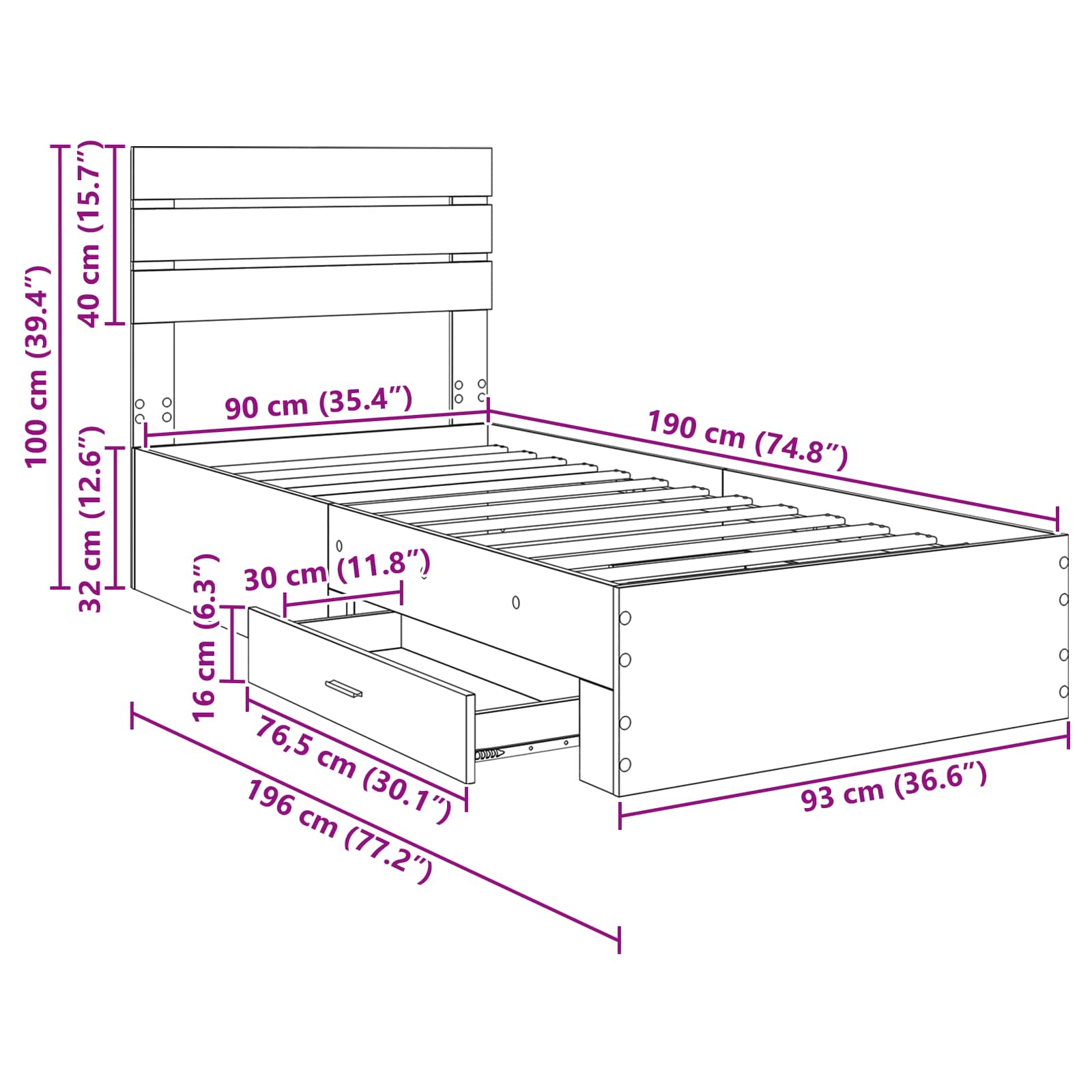 Rám postele se zásuvkou s čelo s úložištěm kompozitní dřevo - obrázek 14