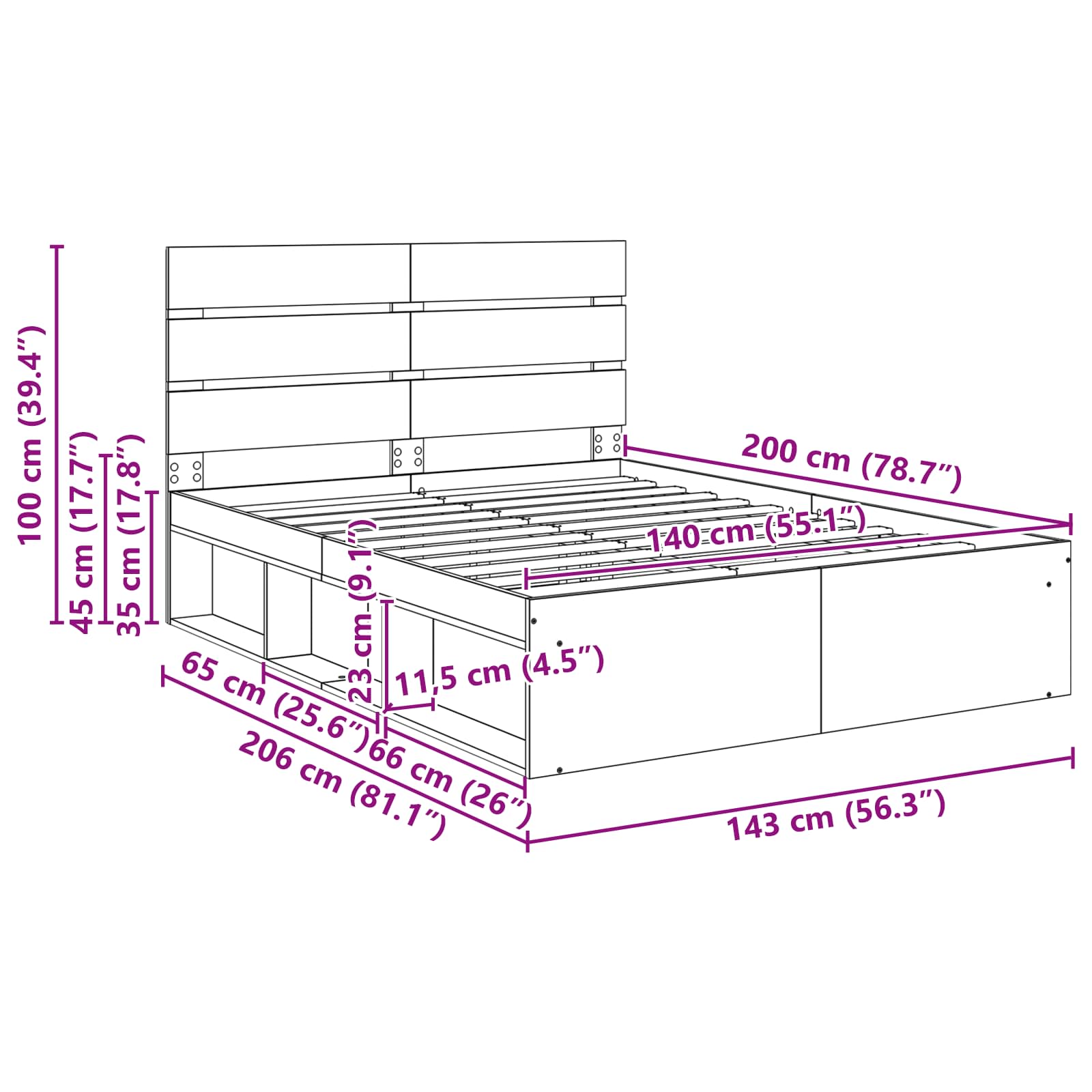 Bedframe met hoofdeinde Beton 140 x 200 cm Massief grenenhout image 13