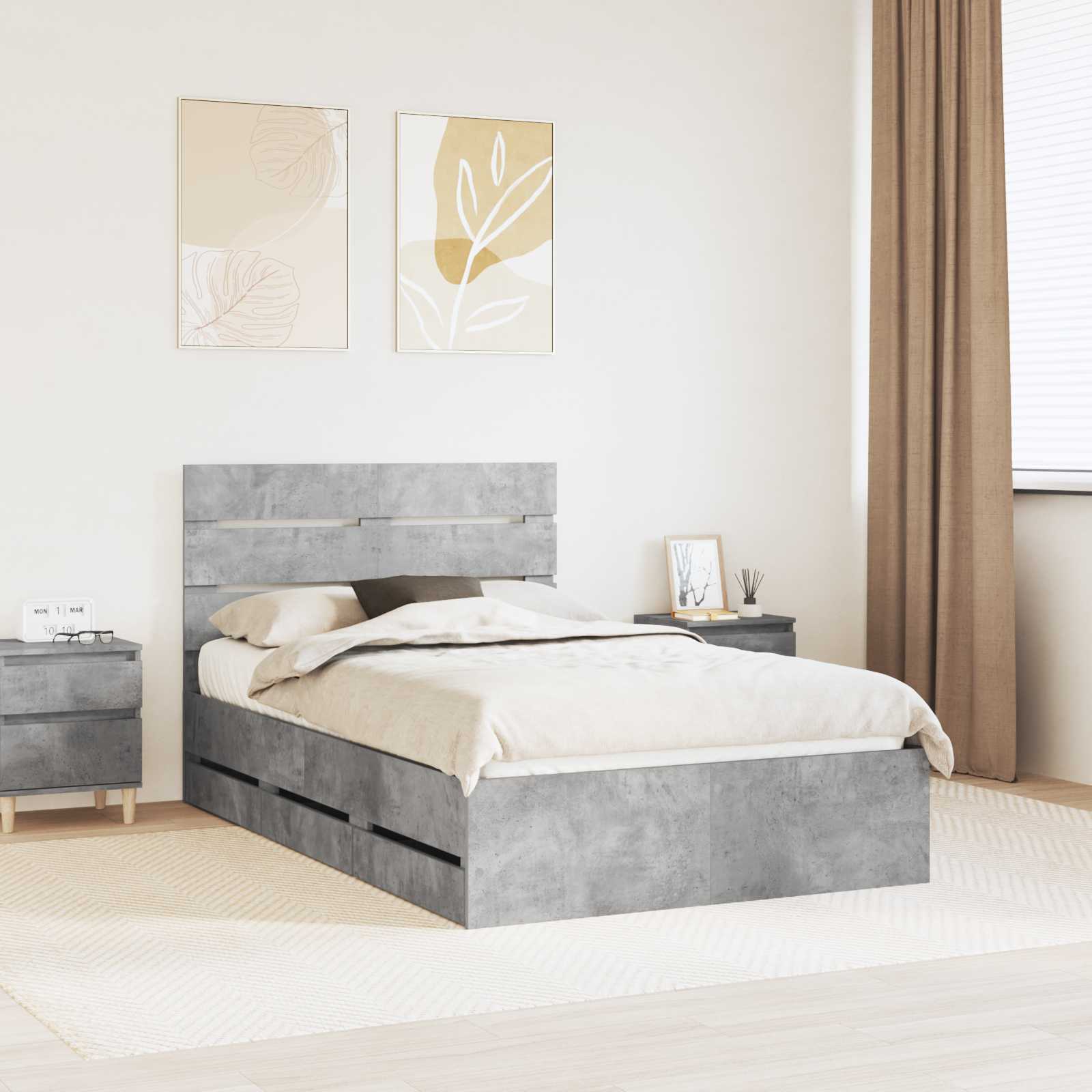 vidaXL Cadru de pat Gri din beton 135 x 190 cm Lemn Ingineresc