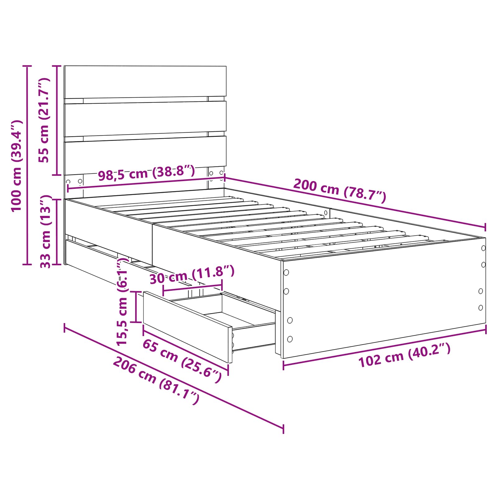 Rám postele s čelo Kouřový dub 100 x 200 cm Inženýrské dřevo - obrázek 14