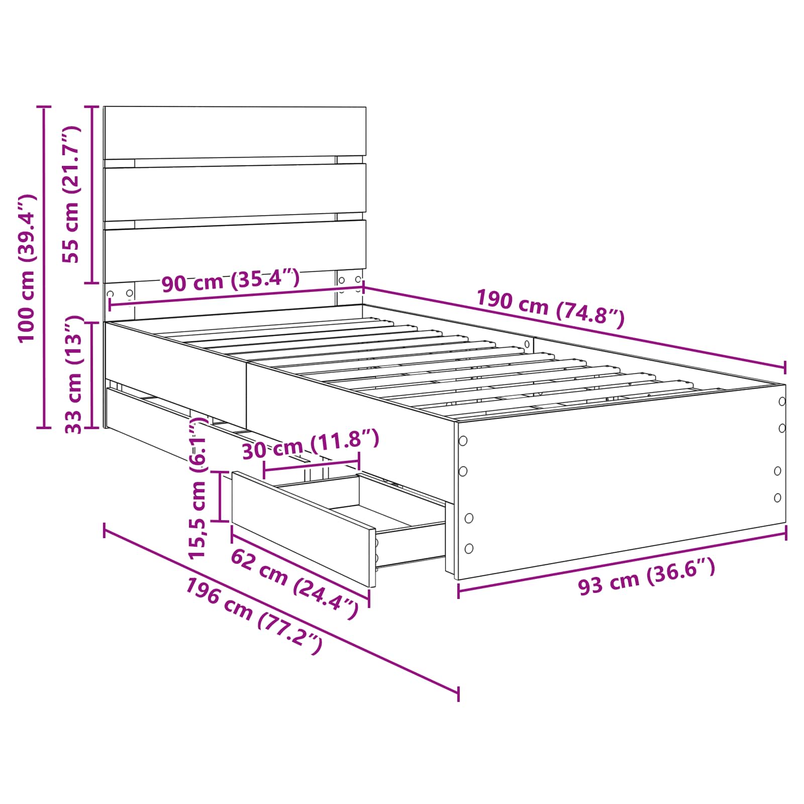 Rám postele s čelo Kouřový dub 90 x 200 cm Inženýrské dřevo - obrázek 14