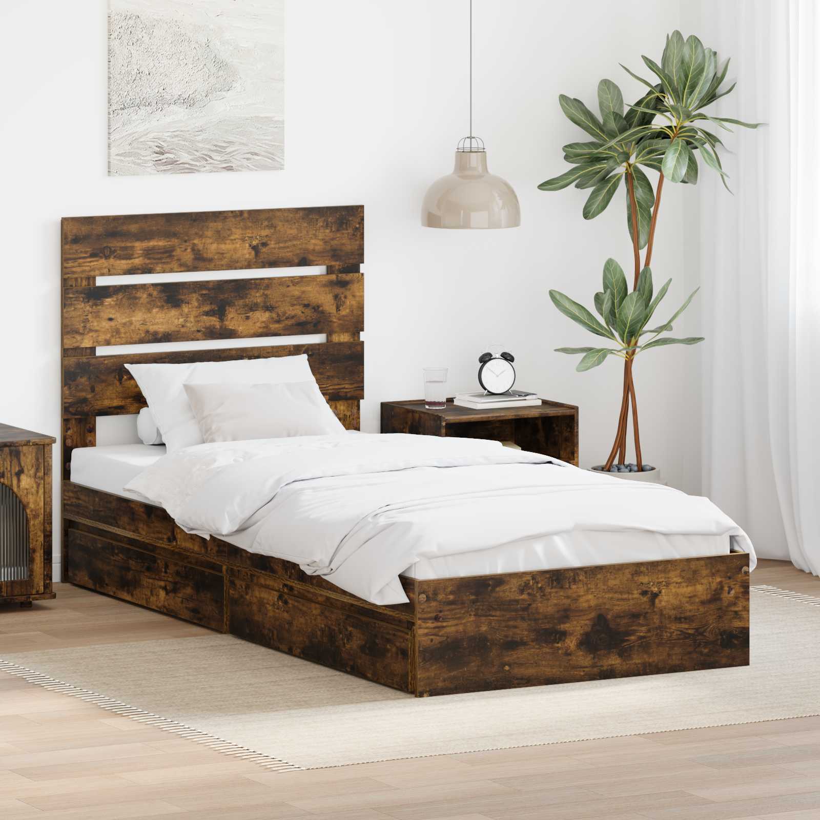 vidaXL Pat cu storage Stejar fumuriu 90 x 190 cm Lemn compozit