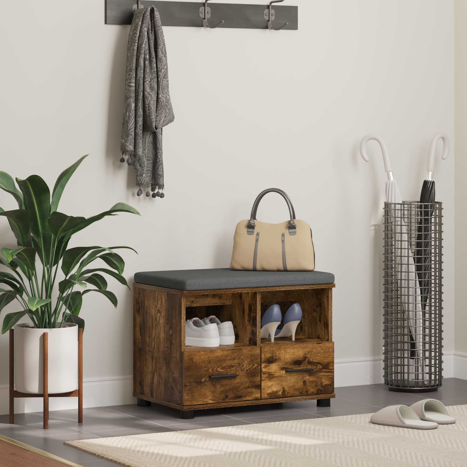 vidaXL Bancă pentru hol cu pernă Stejar fumuriu 60 x 38 x 46 cm