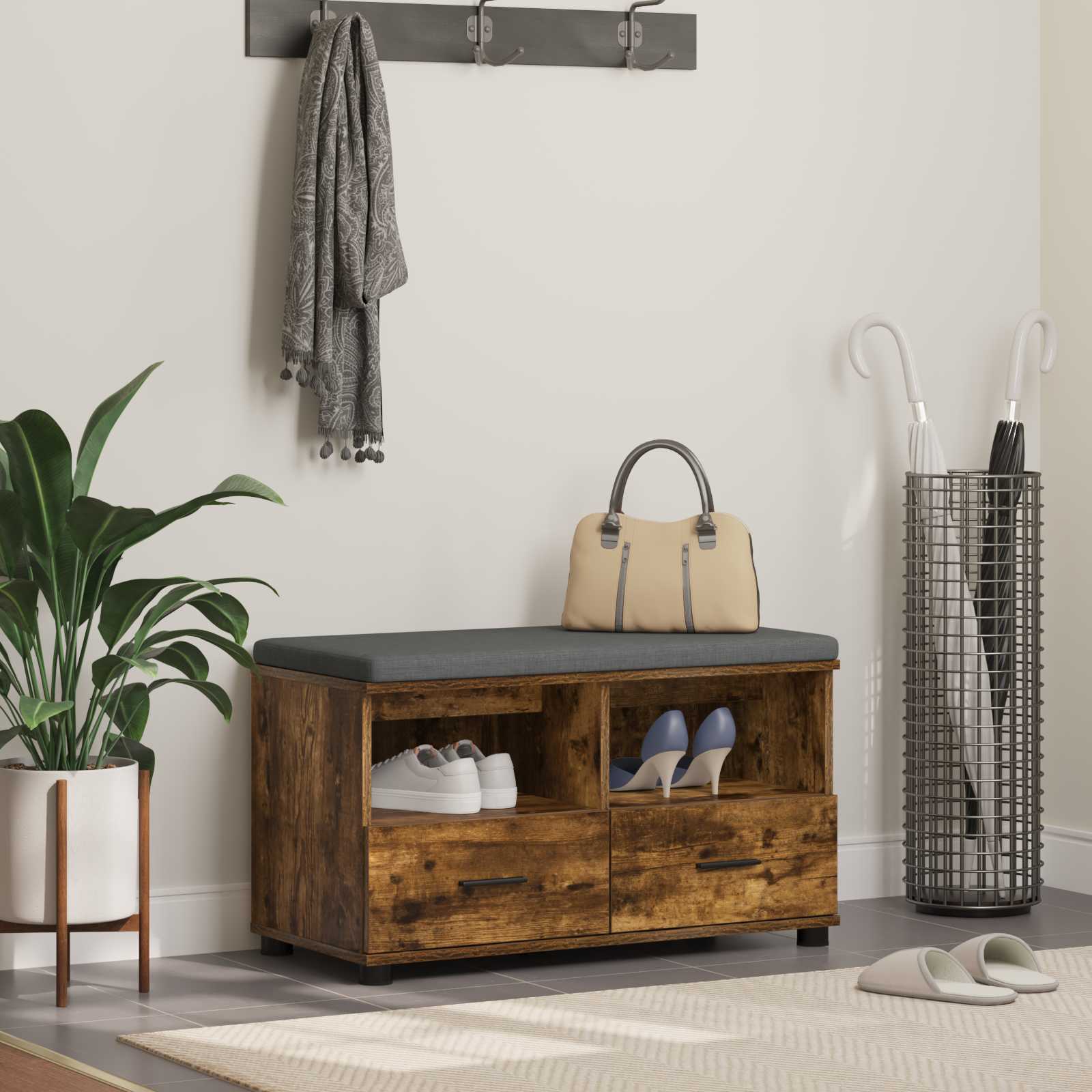 vidaXL Bancă pentru hol cu pernă Stejar fumuriu 80 x 38 x 46 cm