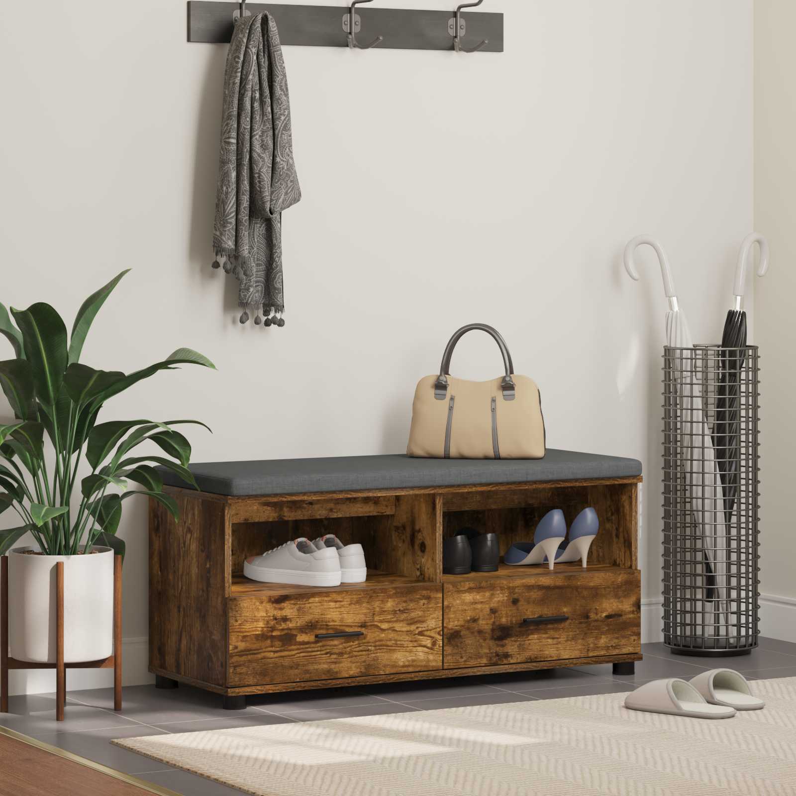 vidaXL Flurbank mit Kissen Geräucherte Eiche 100 x 38 x 46 cm