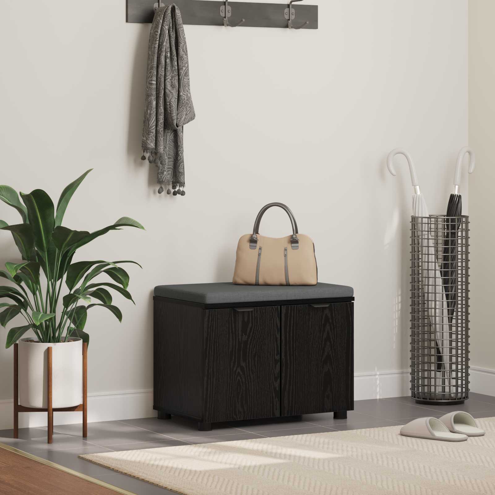 vidaXL Bancă pentru hol cu pernă cu ușă Stejar Negru 60 x 38 x 46 cm