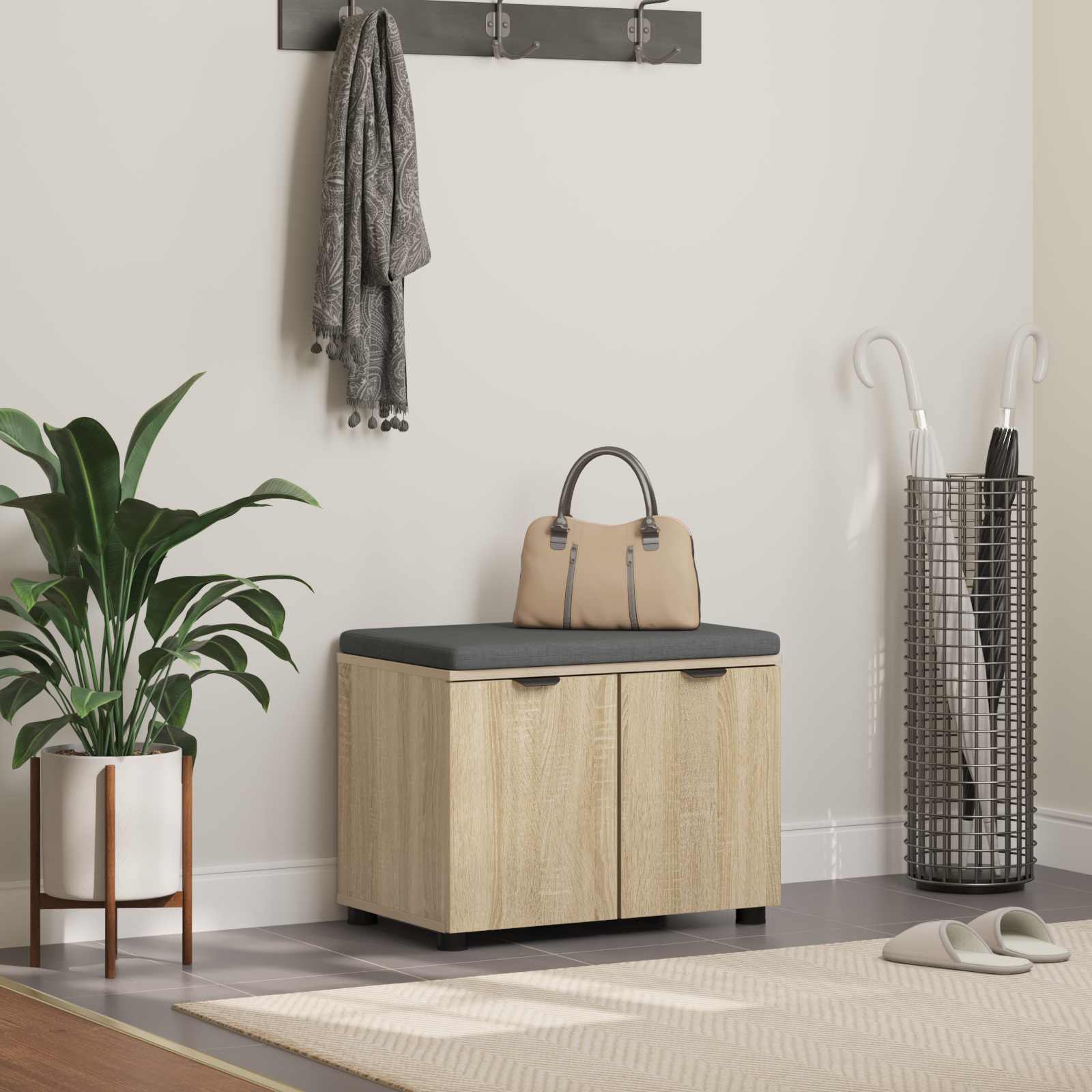 vidaXL Bancă pentru hol cu pernă cu ușă Stejar Sonoma 60 x 38 x 46 cm