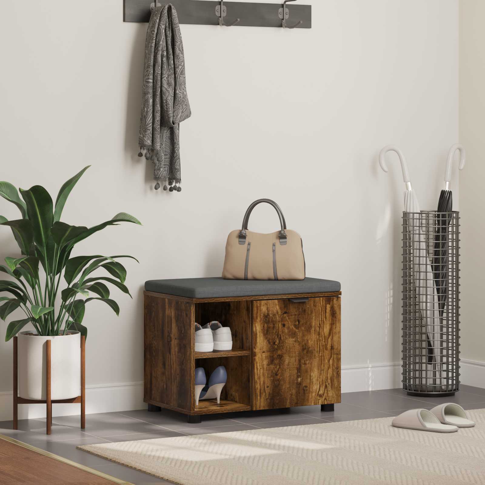 vidaXL Bancă pentru hol cu pernă Simplu Stejar fumuriu 60 x 38 x 46 cm