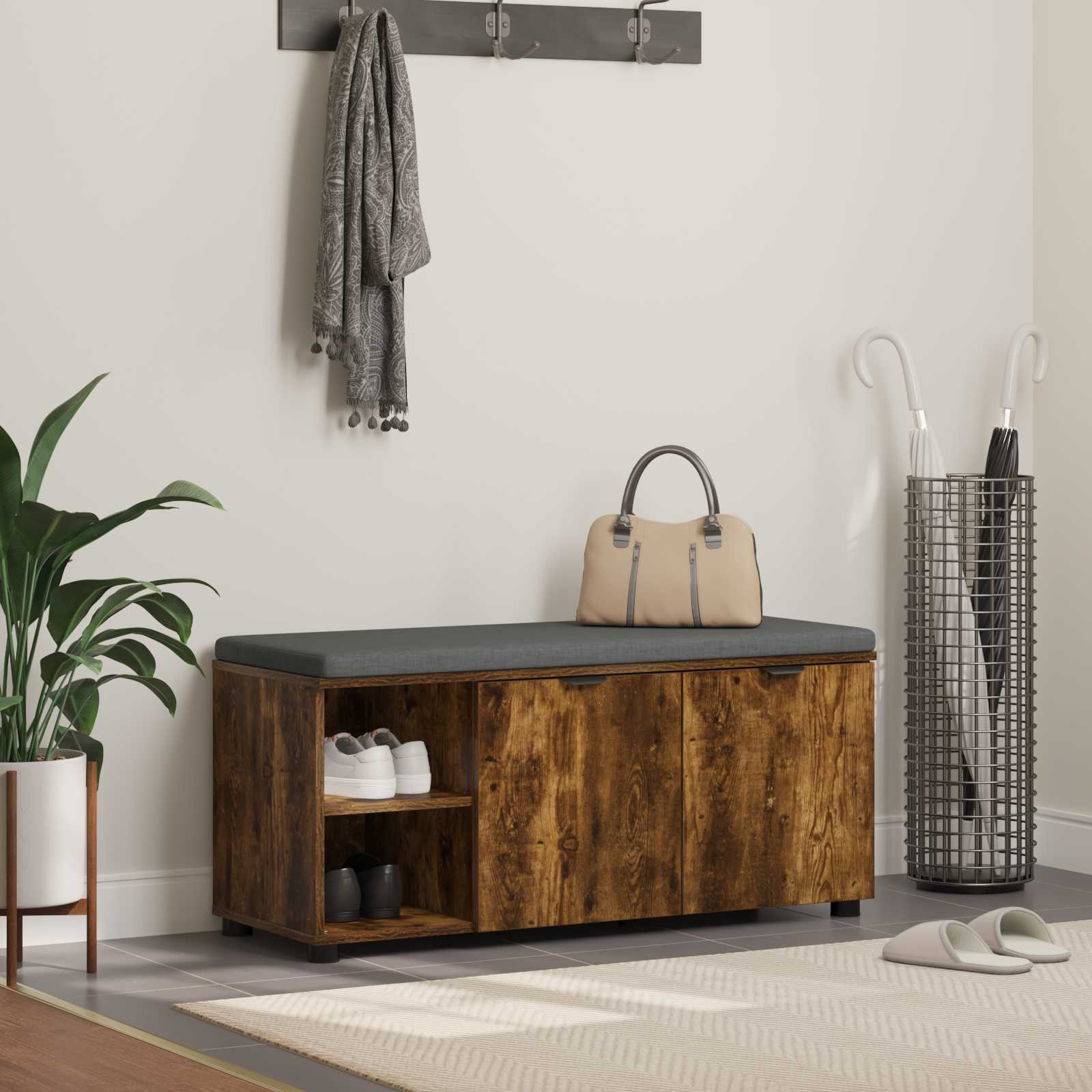 vidaXL Flurbank mit Kissen mit Tür Geräucherte Eiche 100 x 38 x 46 cm