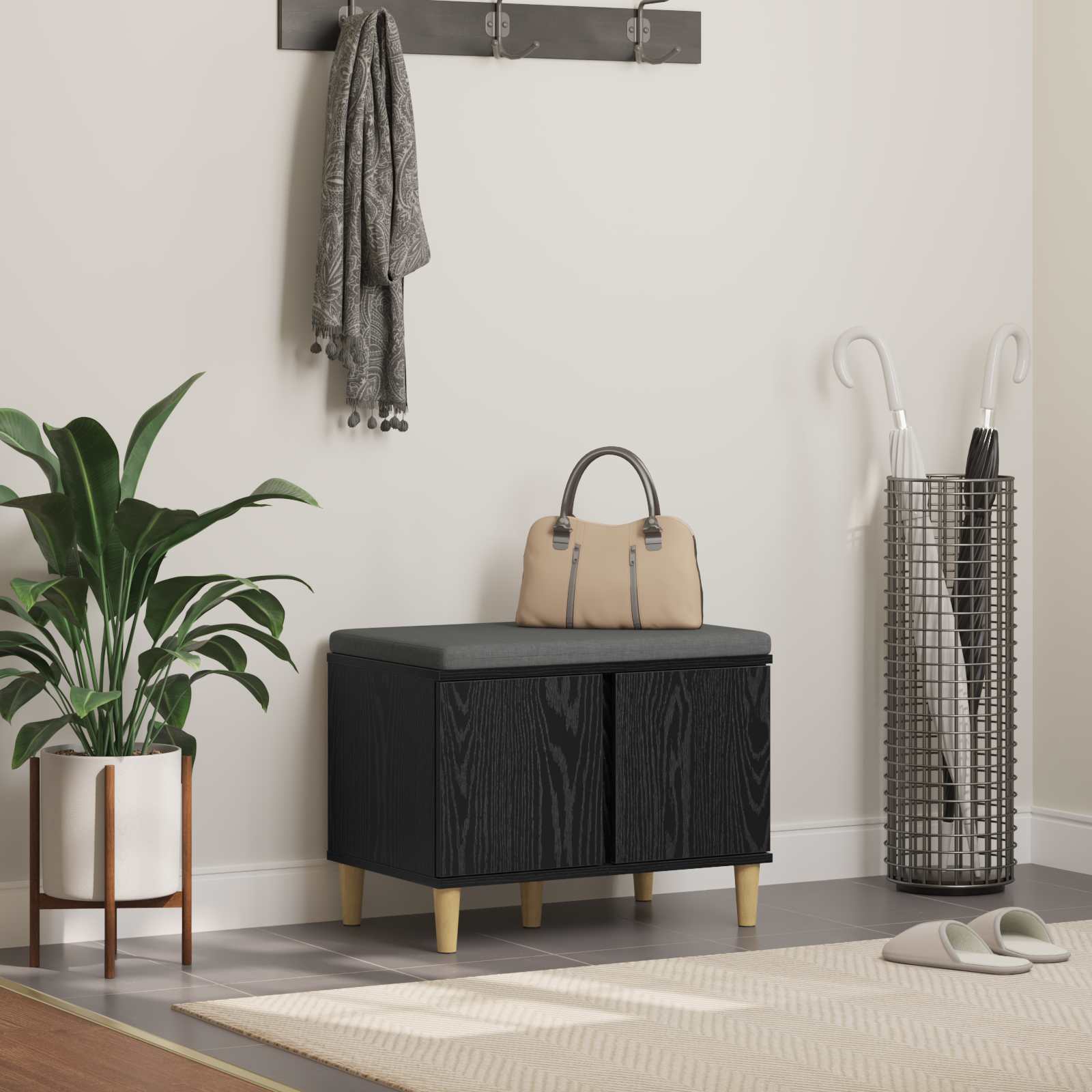 vidaXL Flurbank mit Kissen mit Regal Schwarze Eiche 60 x 38 x 46 cm