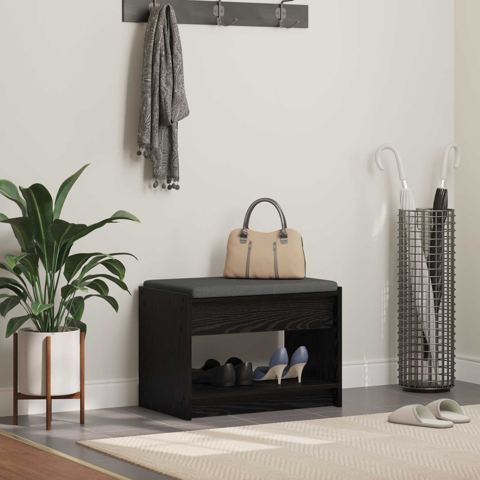 vidaXL Flurbank mit Kissen mit Regal Schwarze Eiche 63 x 38 x 45 cm