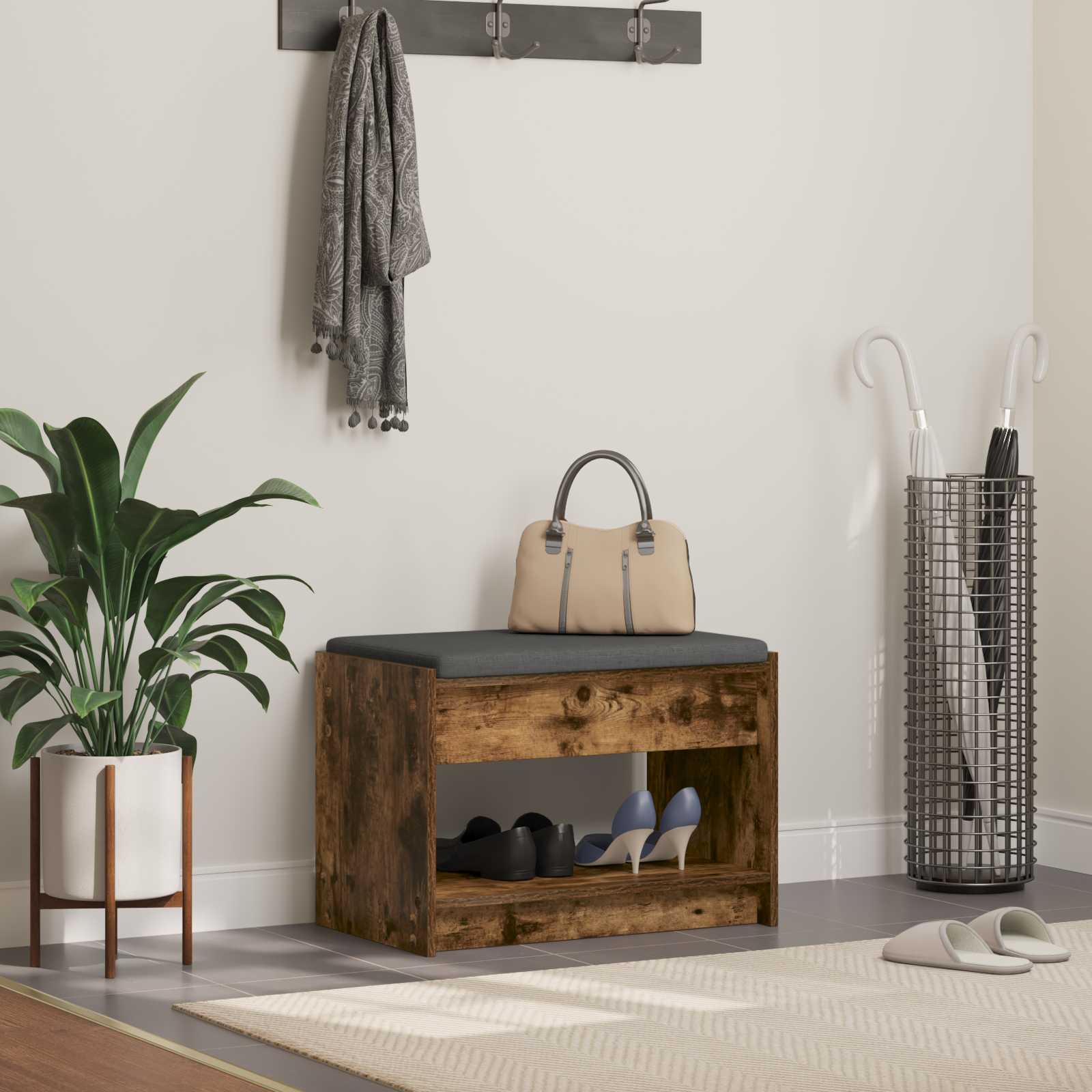 vidaXL Flurbank mit Kissen mit Regal Geräucherte Eiche 63 x 38 x 45 cm