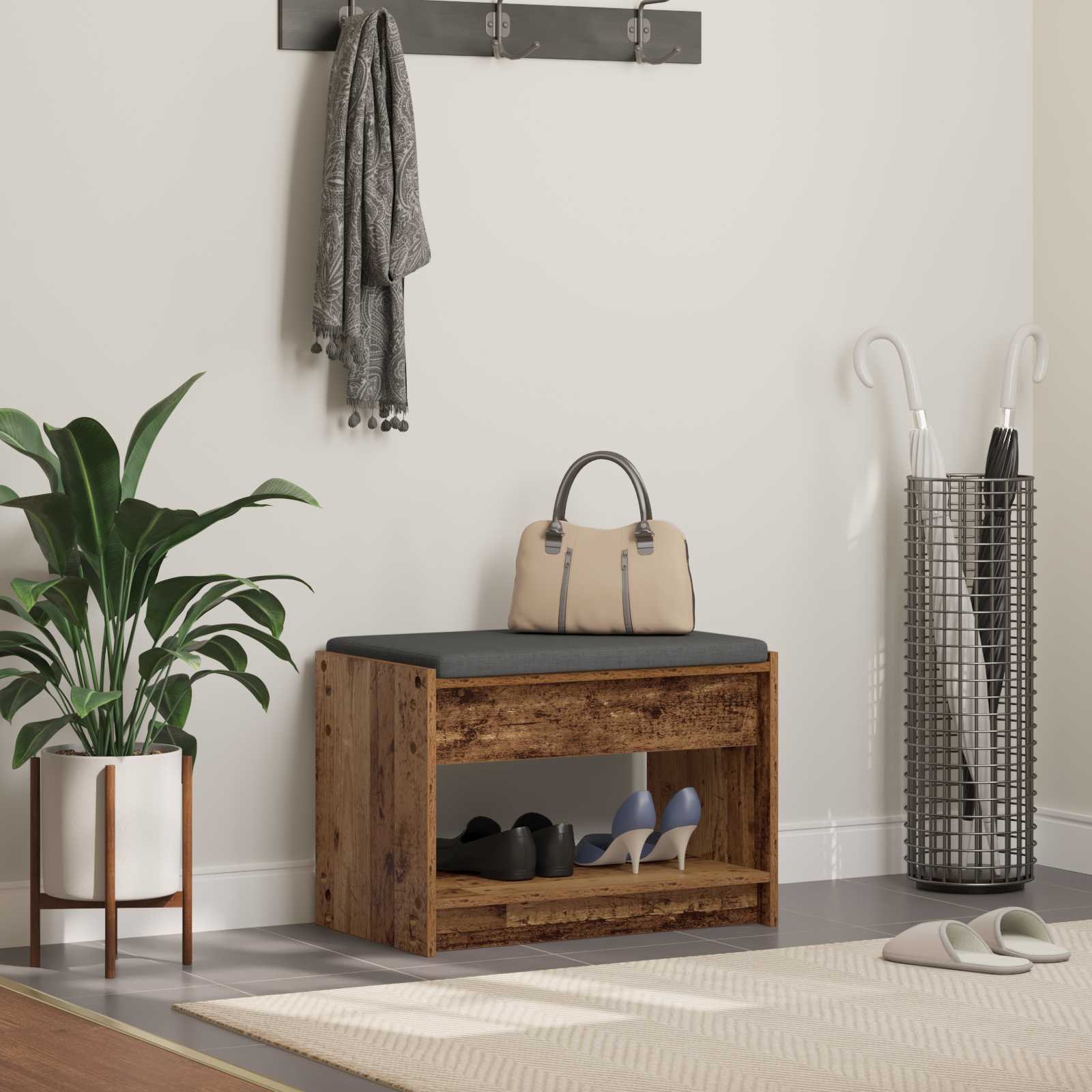 vidaXL Bancă pentru hol cu pernă cu raft Lemn vechi 63 x 38 x 45 cm