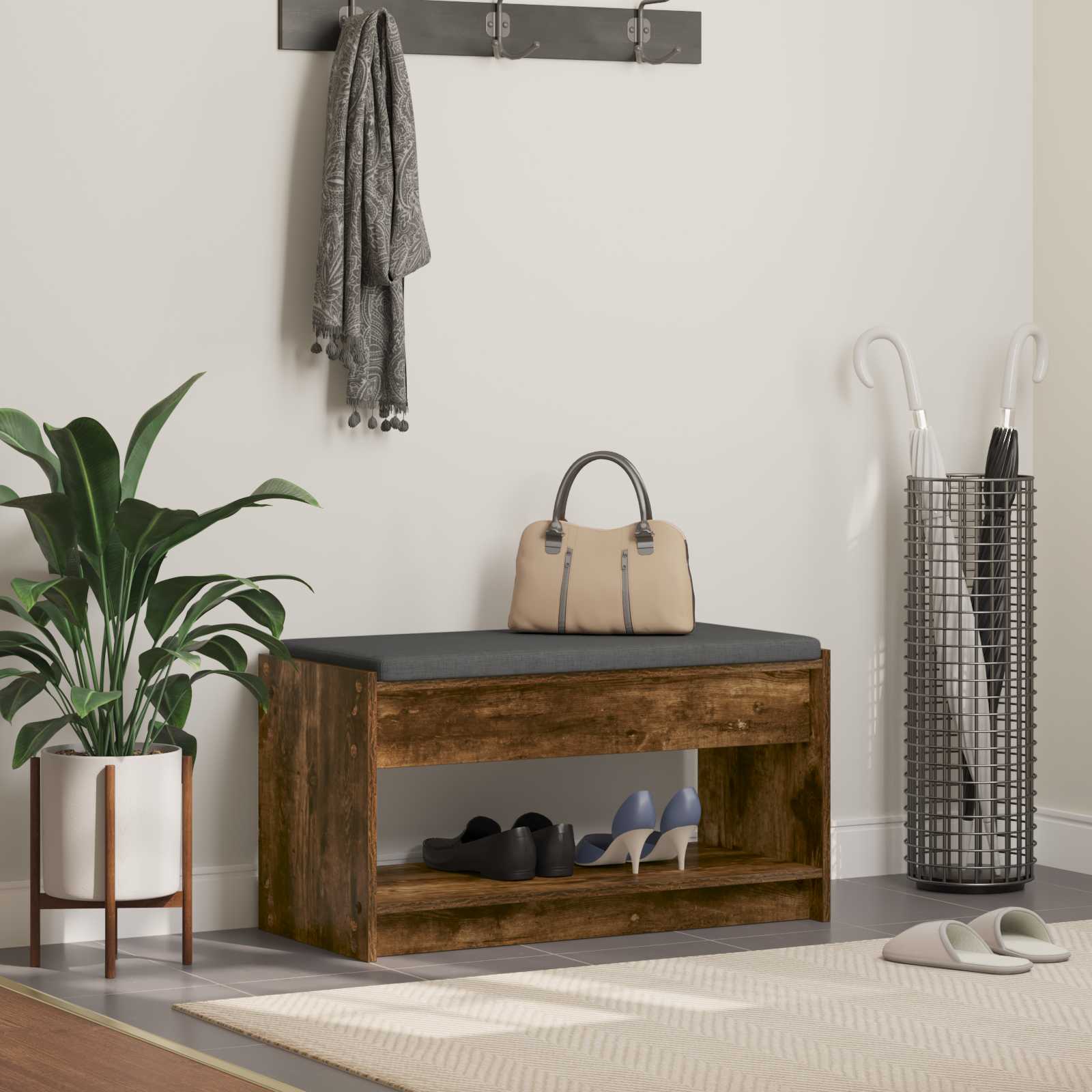 vidaXL Flurbank mit Kissen mit Regal Geräucherte Eiche 83 x 38 x 45 cm