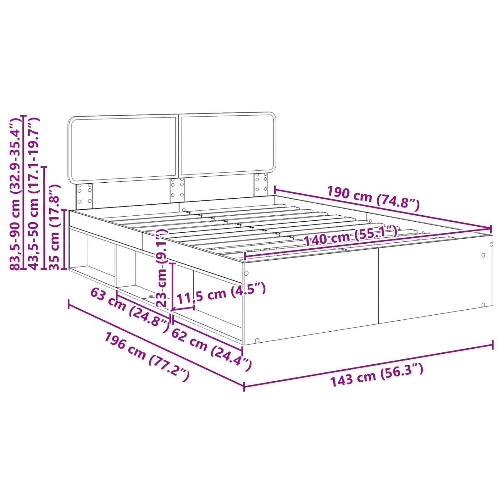 Bedframe met hoofdeinde Wit 140 x 190 cm Massief grenenhout image 13