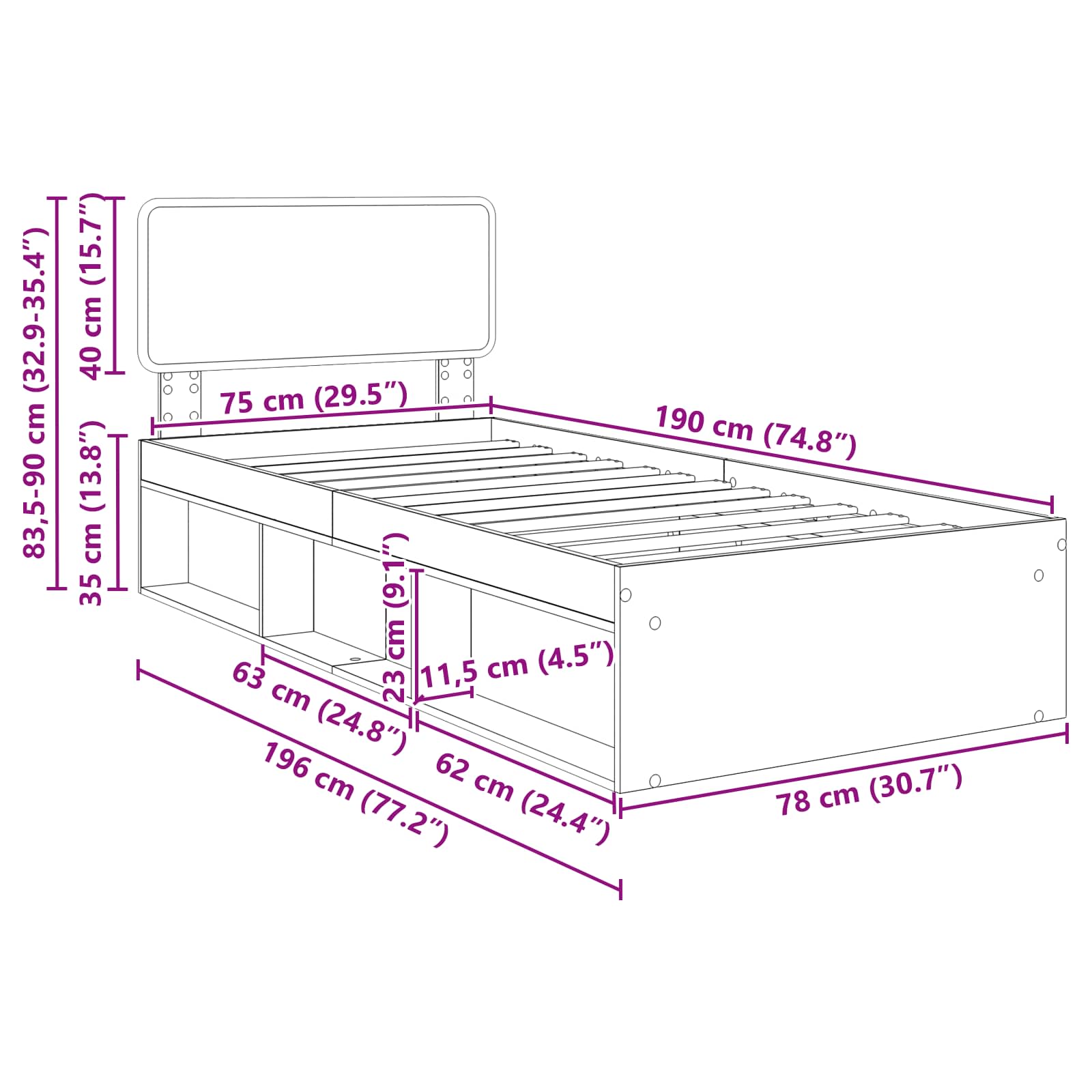 Bedframe met hoofdeinde Zwart 75 x 190 cm Massief grenenhout image 13