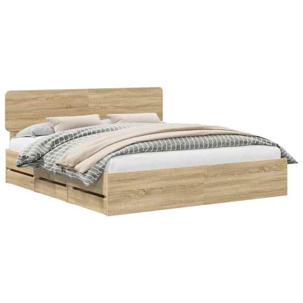 vidaXL Voodi raam sahtliga Sonoma tamm 200 x 200 cm T&ouml;&ouml;deldud puit
