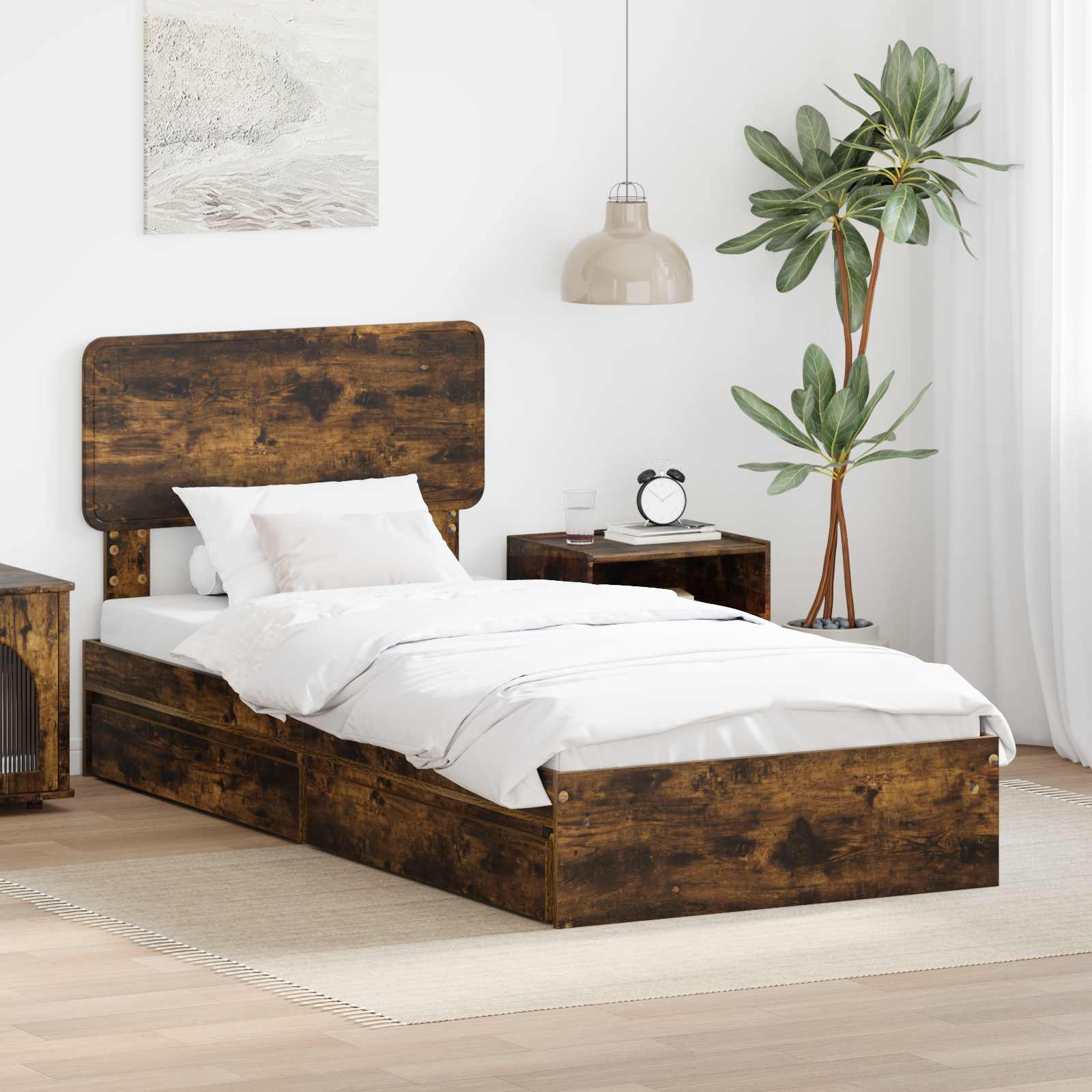 vidaXL Pat cu storage Stejar fumuriu 90 x 200 cm Lemn compozit