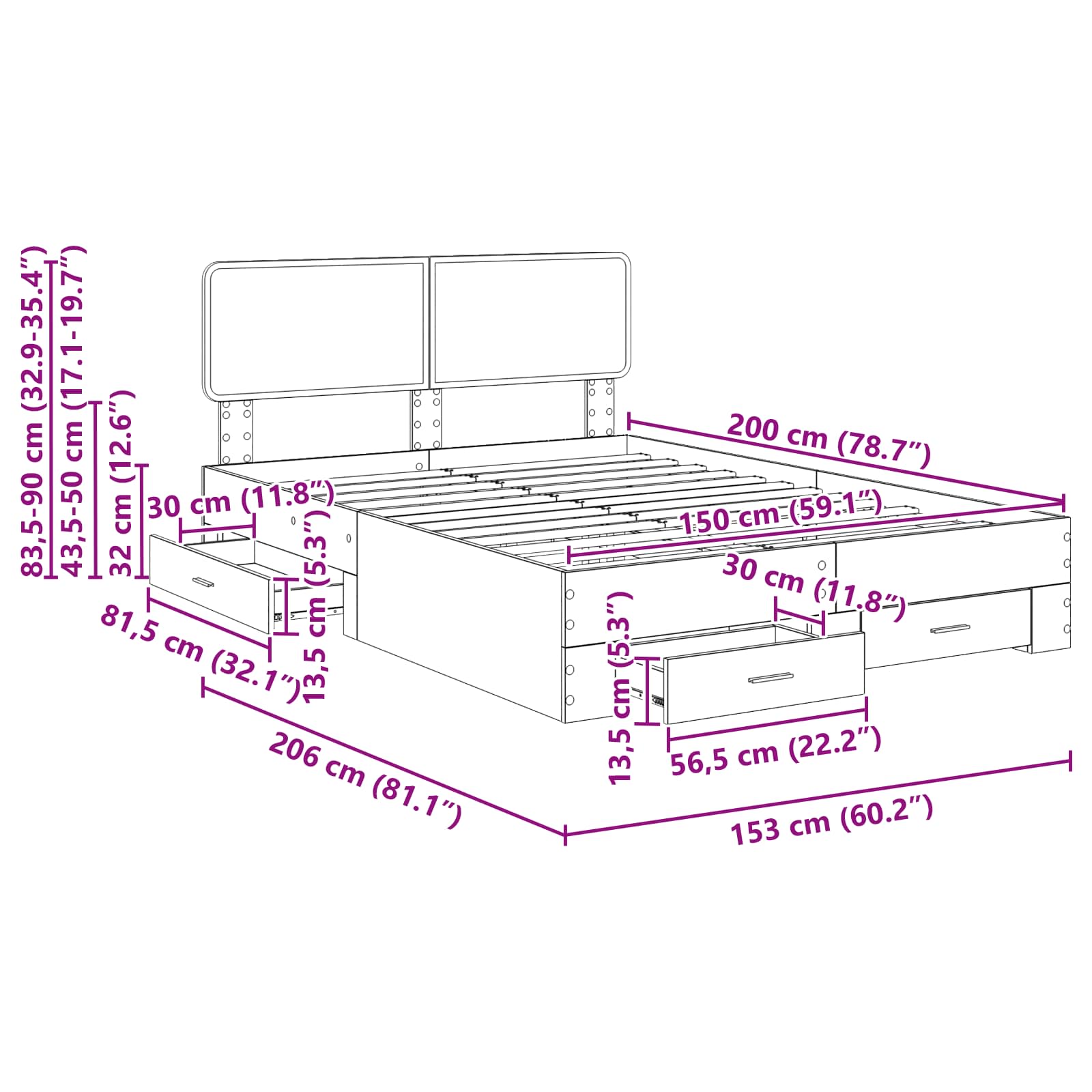 Rám postele s čelo Betonově šedá 150 x 200 cm kompozitní dřevo - obrázek 14