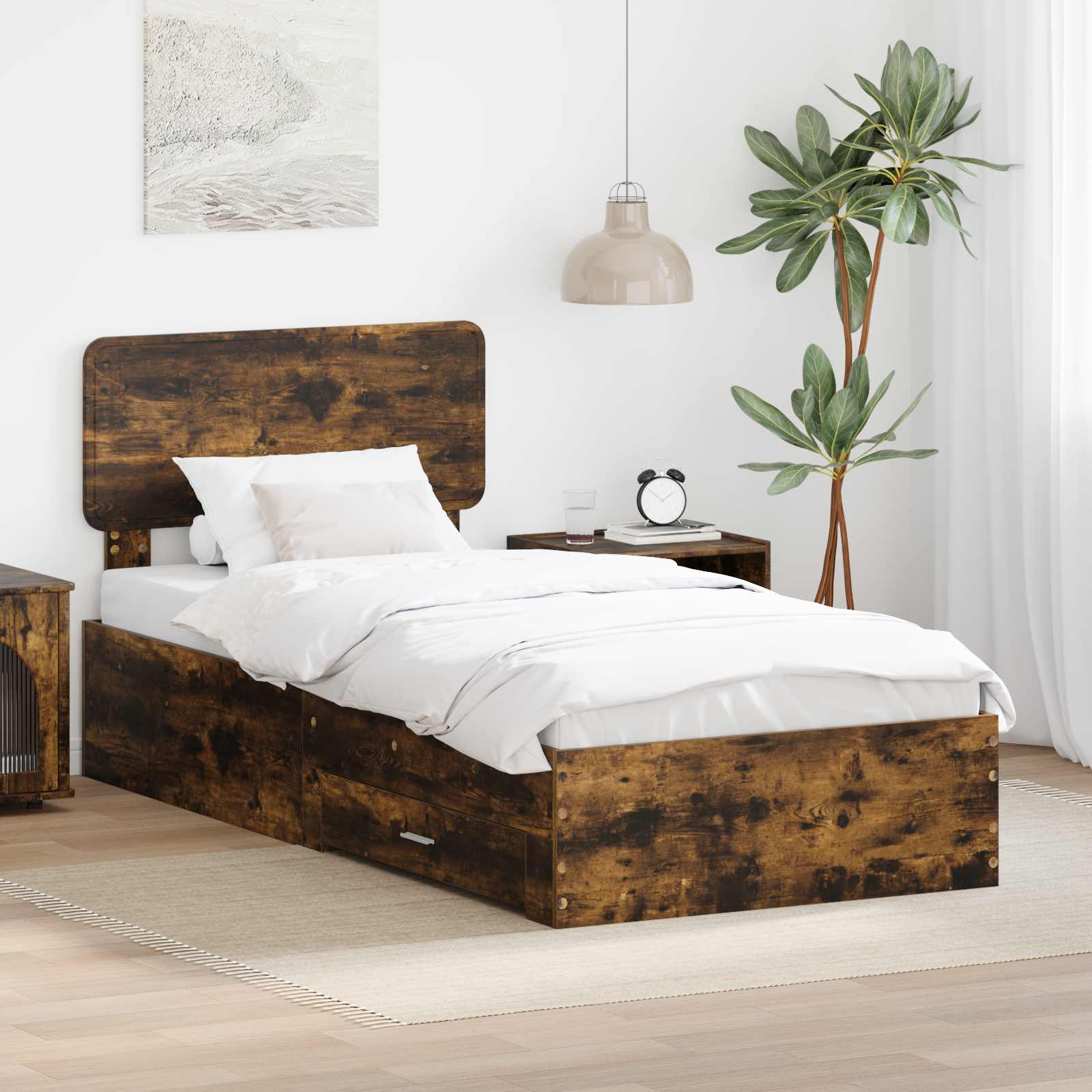 vidaXL Cadru de pat cu sertar Stejar fumuriu 75 x 190 cm Lemn compozit