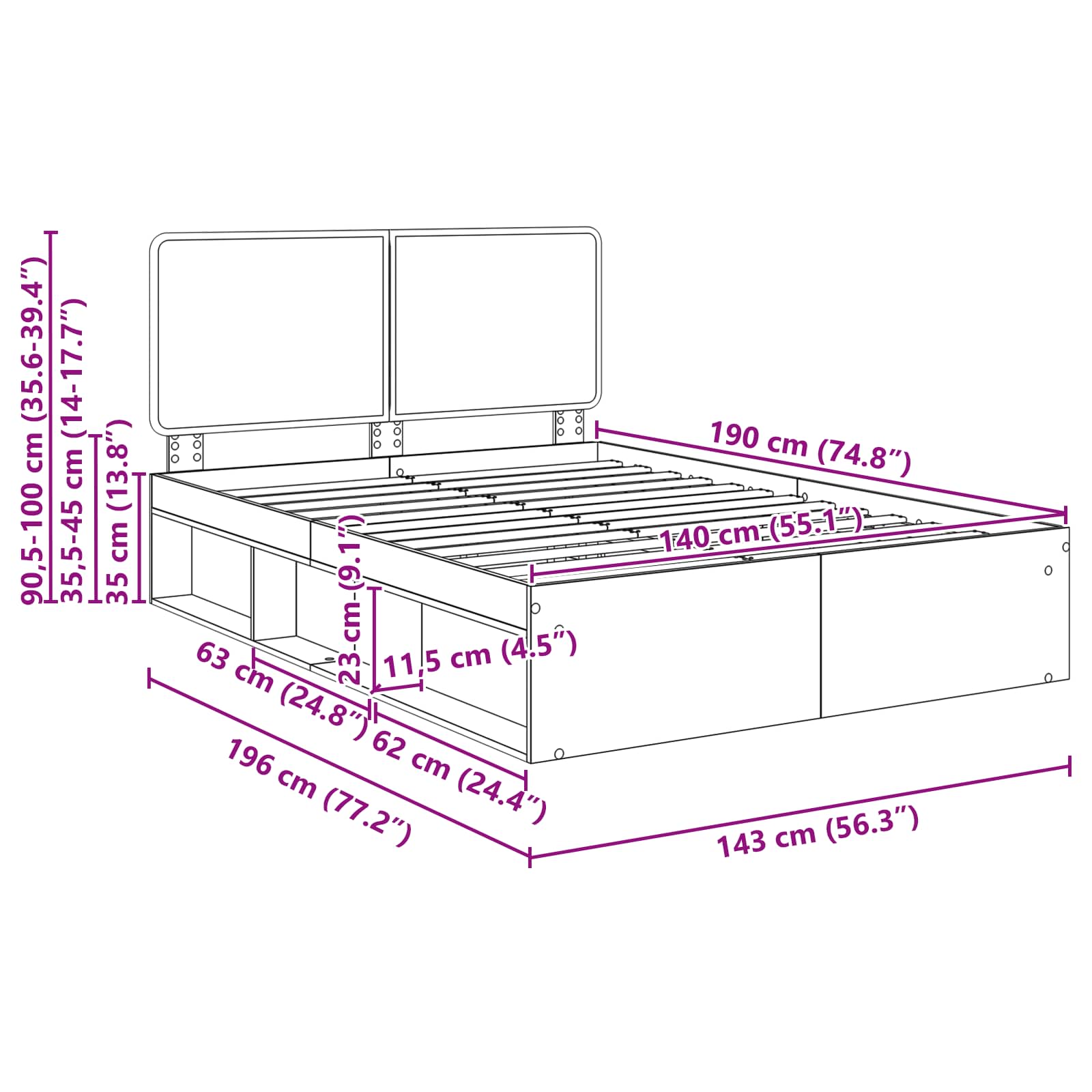Bedframe met hoofdeinde Beton 140 x 190 cm Massief grenenhout image 13