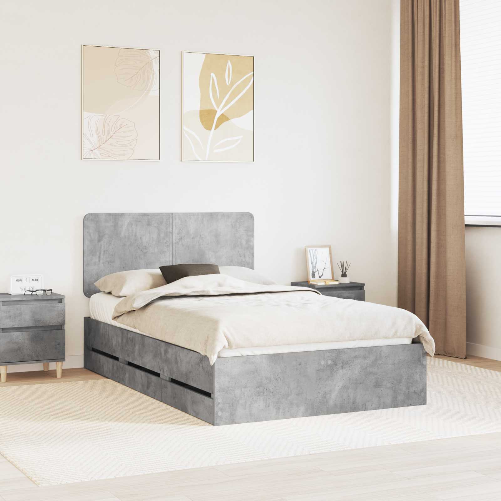 vidaXL Cadru de pat Gri din beton 135 x 190 cm Lemn Ingineresc