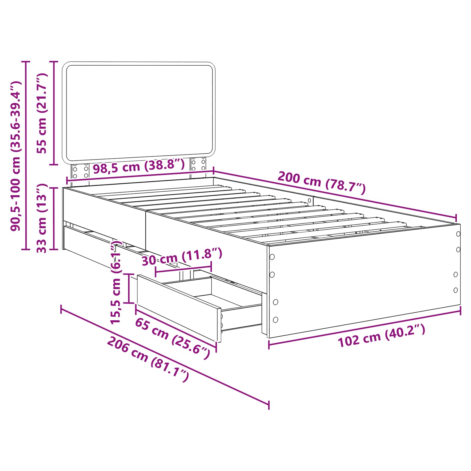 Rám postele s čelo Kouřový dub 100 x 200 cm Inženýrské dřevo - obrázek 14