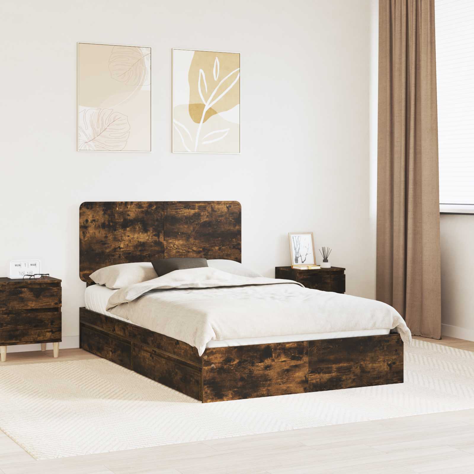 vidaXL Pat cu storage Stejar fumuriu 135 x 190 cm Lemn compozit