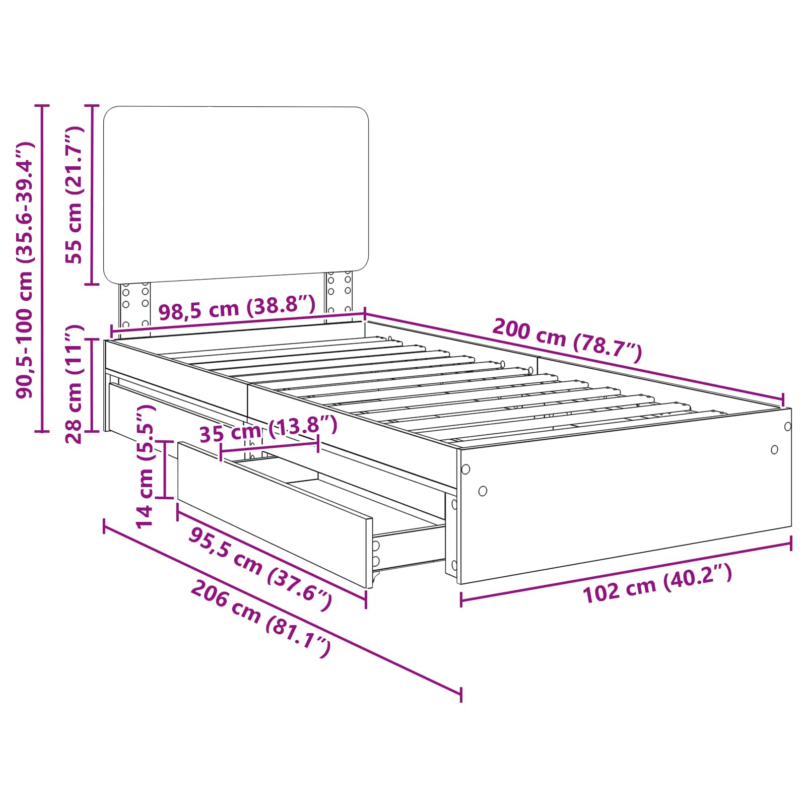 Postel s úložným prostorem s čelo Kouřový dub 100 x 200 cm - obrázek 14