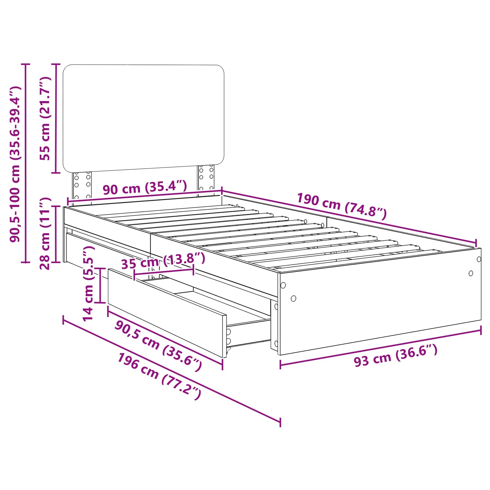Postel s úložným prostorem s čelo Sonoma dub 90 x 190 cm - obrázek 14