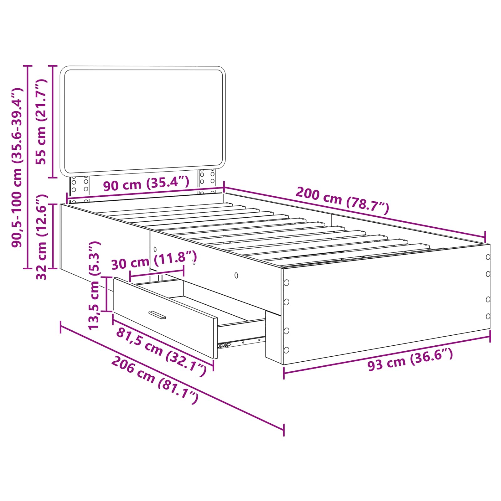 Rám postele s čelo Sonoma dub 90 x 200 cm kompozitní dřevo - obrázek 14