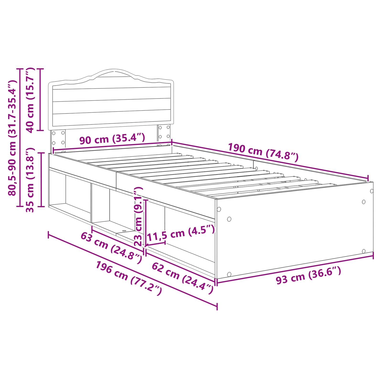 Bedframe met hoofdeinde Zwart 90 x 190 cm Massief grenenhout image 13