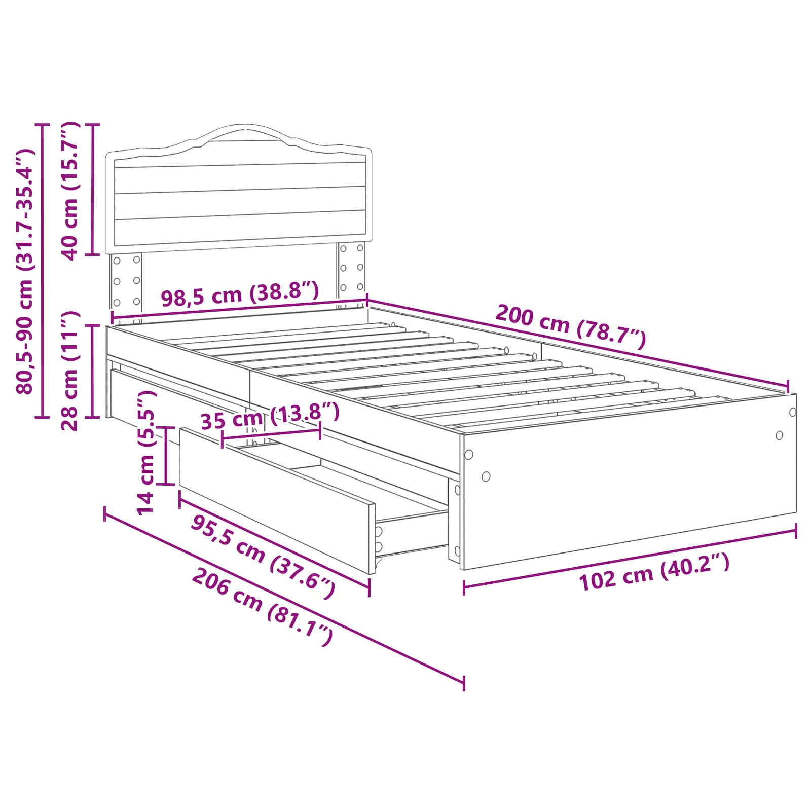 Postel s úložným prostorem s čelo Sonoma dub 100 x 200 cm - obrázek 14